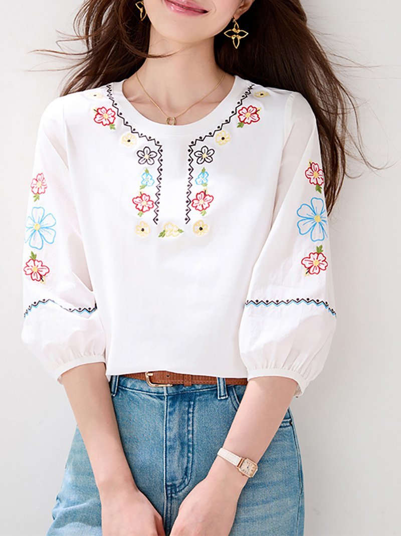 カラフル刺繍七分袖ブラウス レディース トップス ドゥー・ベル トップス カットソー・Tシャツ ホワイト