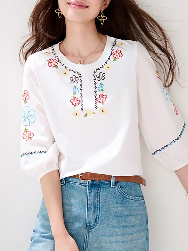 カラフル刺繍七分袖ブラウス レディース トップス ドゥー・ベル トップス カットソー・Tシャツ ホワイト