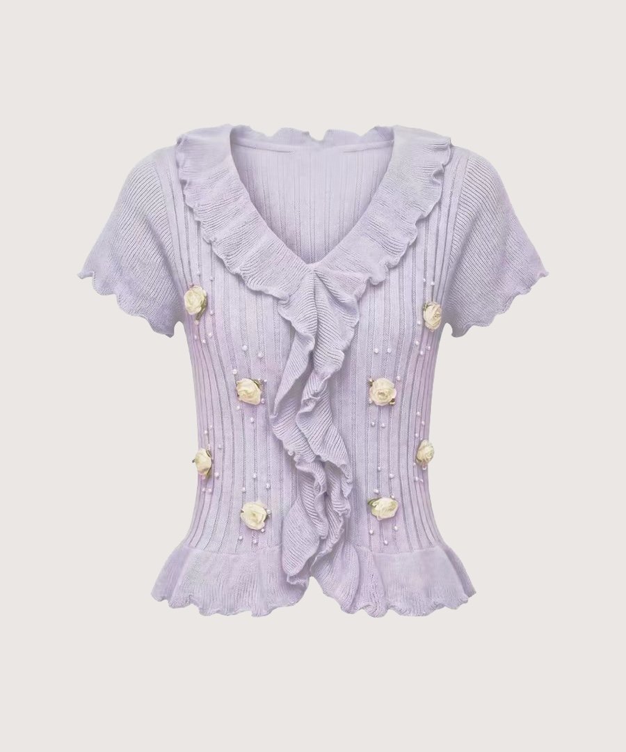 LA POMME petit Bloom Beaded Ruffle Knit Top/ブルーム ビーズラッフルニットトップス ラポミ・プチ トップス カットソー・Tシャツ パープル