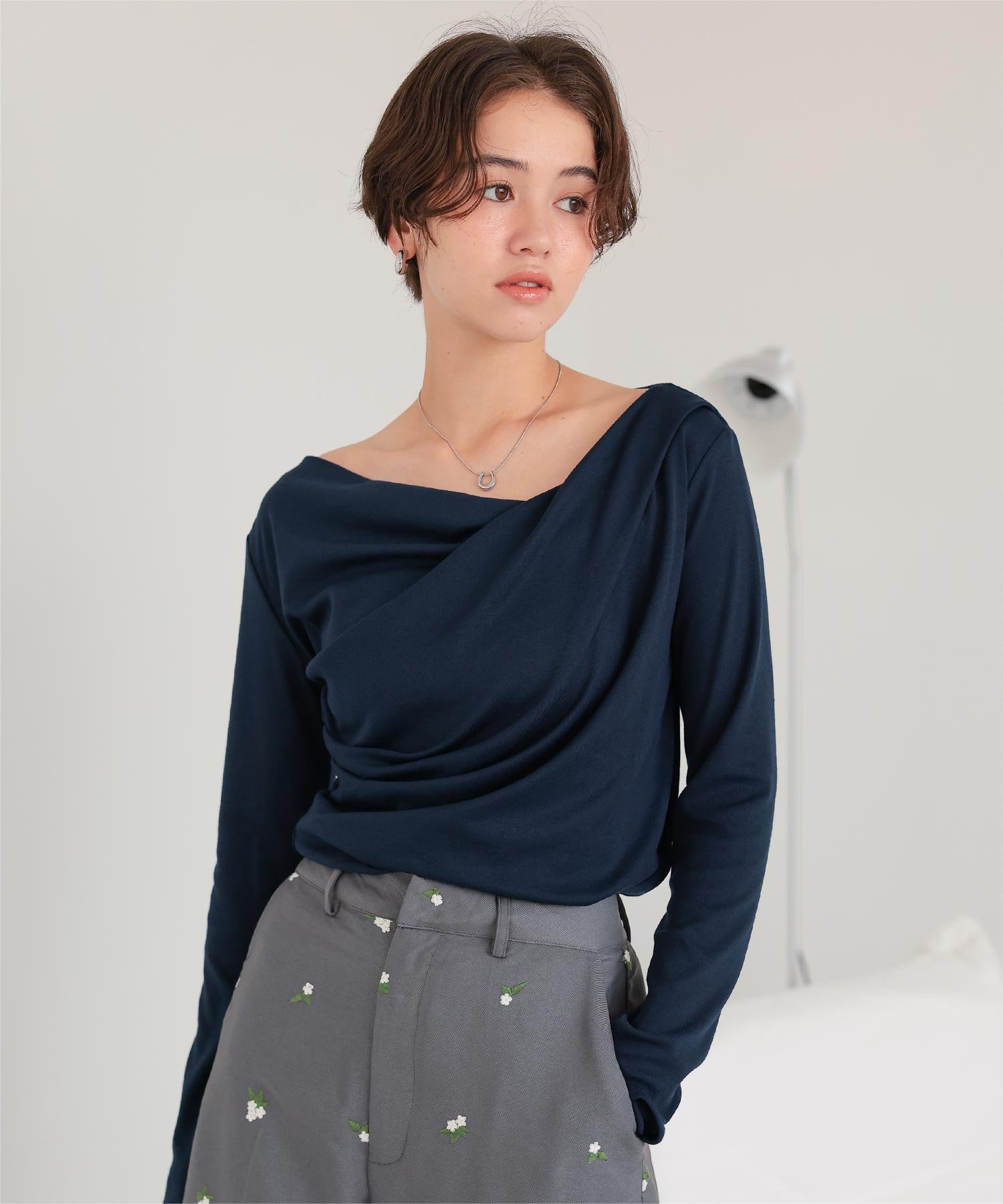 titivate オフショルダー ロングスリーブ Tシャツ トップス カットソー 長袖 シンプル ティティベイト トップス カットソー・Tシャツ ネイビー グレー