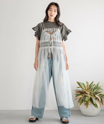 【SALE/50%OFF】LOWRYS FARM 【前後着用可能】2WAYチュールキャミワンピース ローリーズファーム ワンピース・ドレス ワンピース ブラック ホワイト グレー