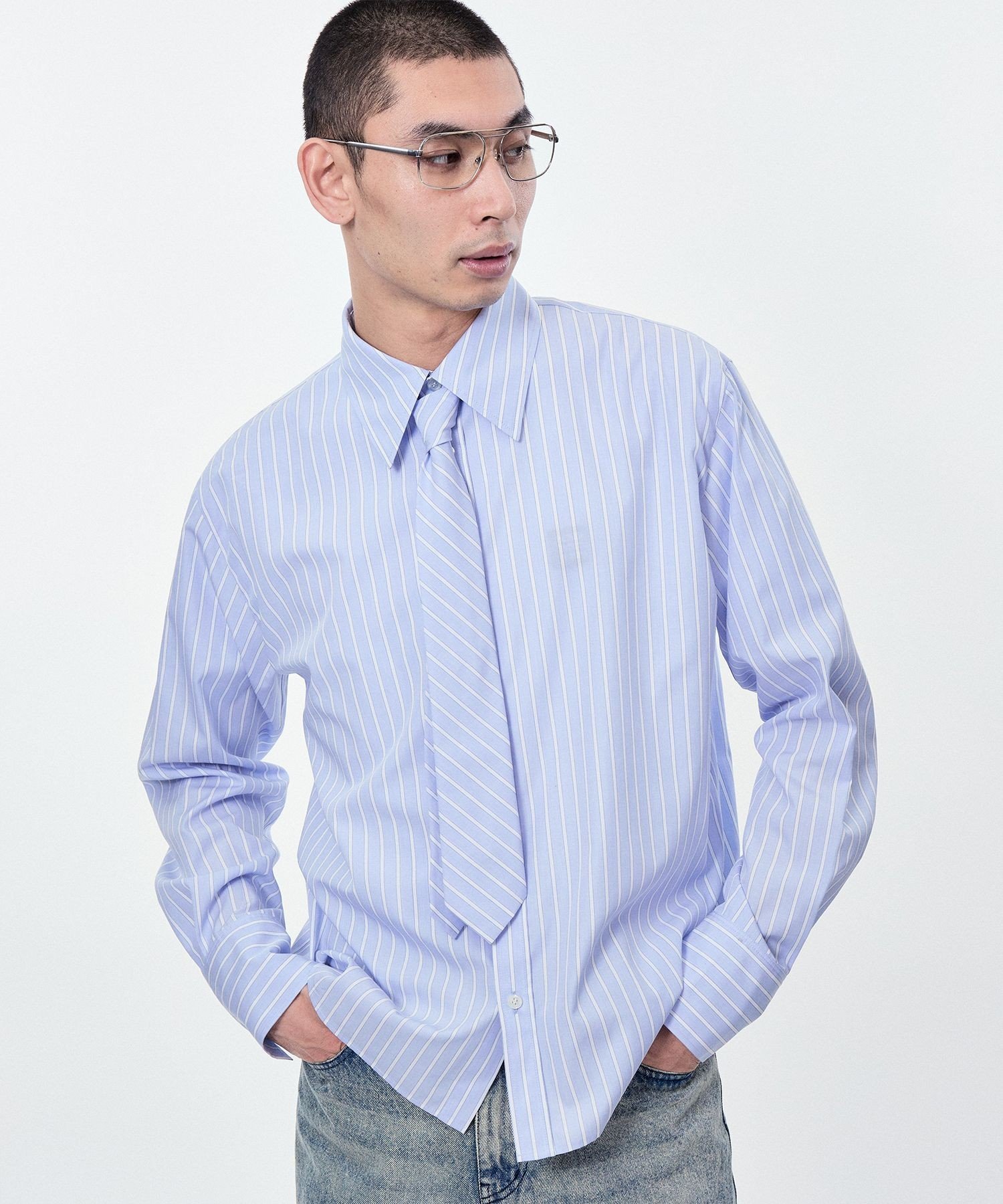 【SALE／60%OFF】M TO R TIE STRIPE LONG SLEEVE SHIRTS アダムエロペ トップス シャツ・ブラウス ブルー ホワイト【送料無料】