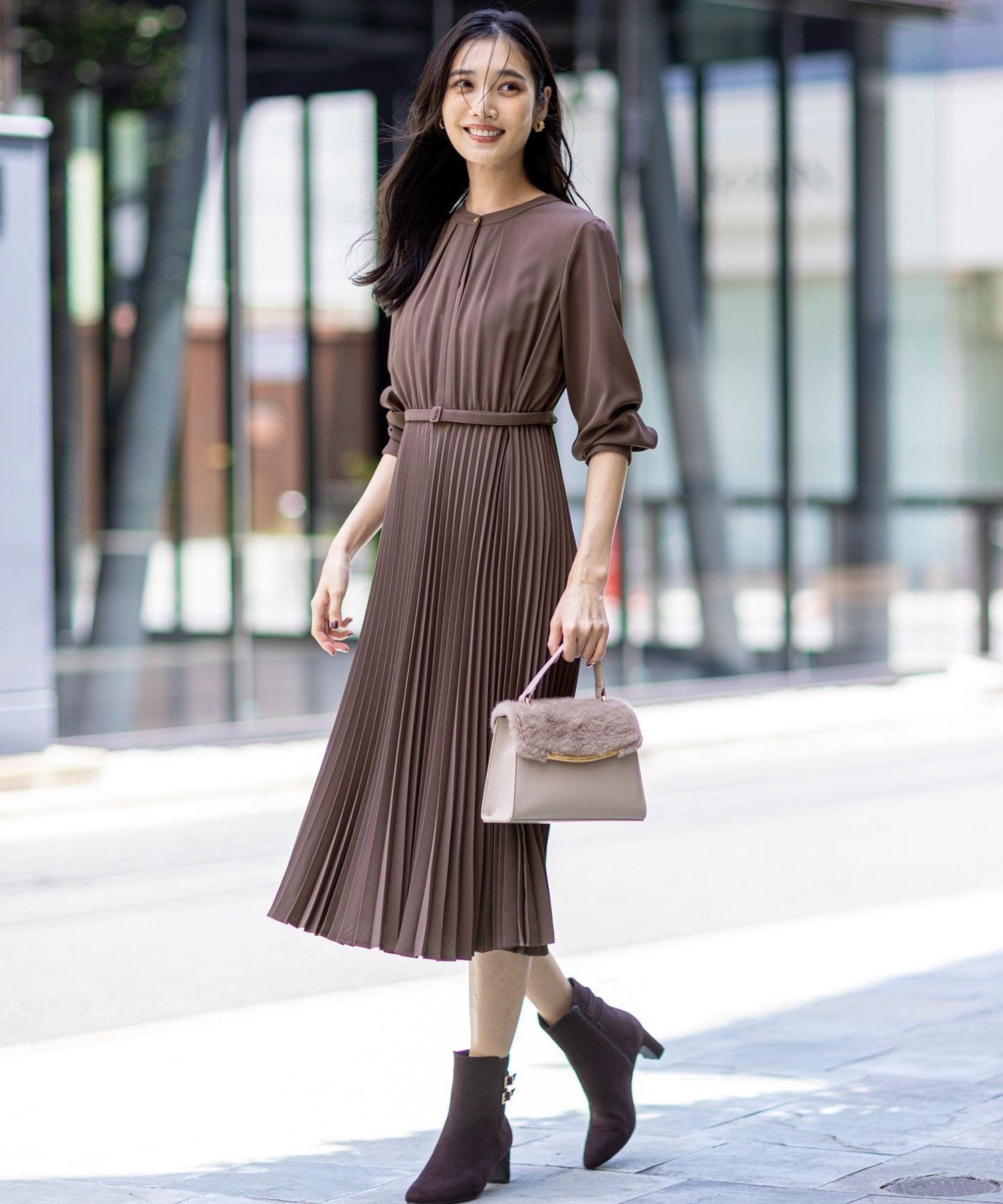 ANY SIS L 【洗える】ノーブルプリーツ ワンピース エニィスィス ワンピース・ドレス ワンピース ブラウン グリーン ネイビー【送料無料】のサムネイル