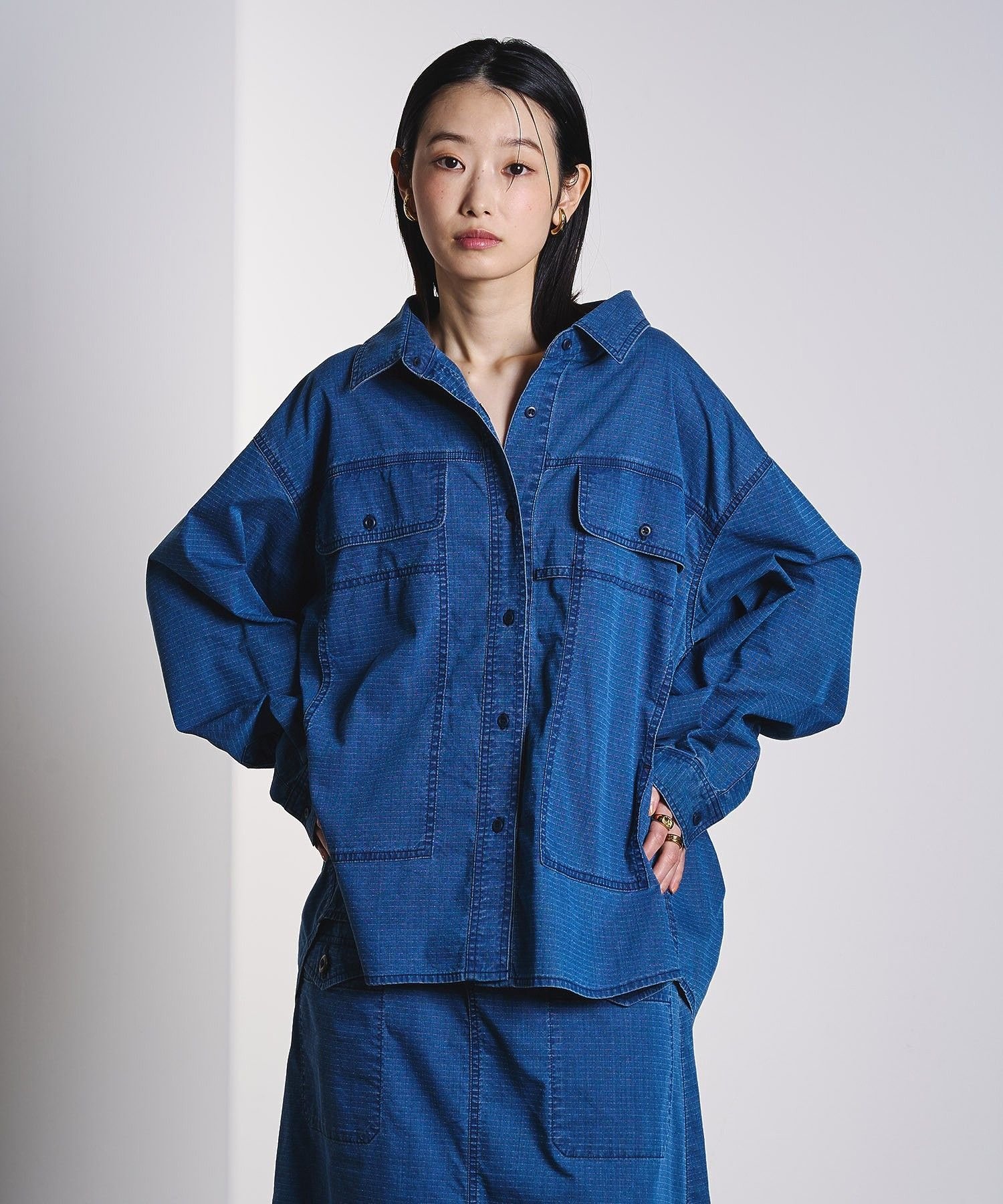 ROSE BUD WORK POCKET RIP STOP SHIRT ローズバッド トップス シャツ・ブラウス ブルー グレー