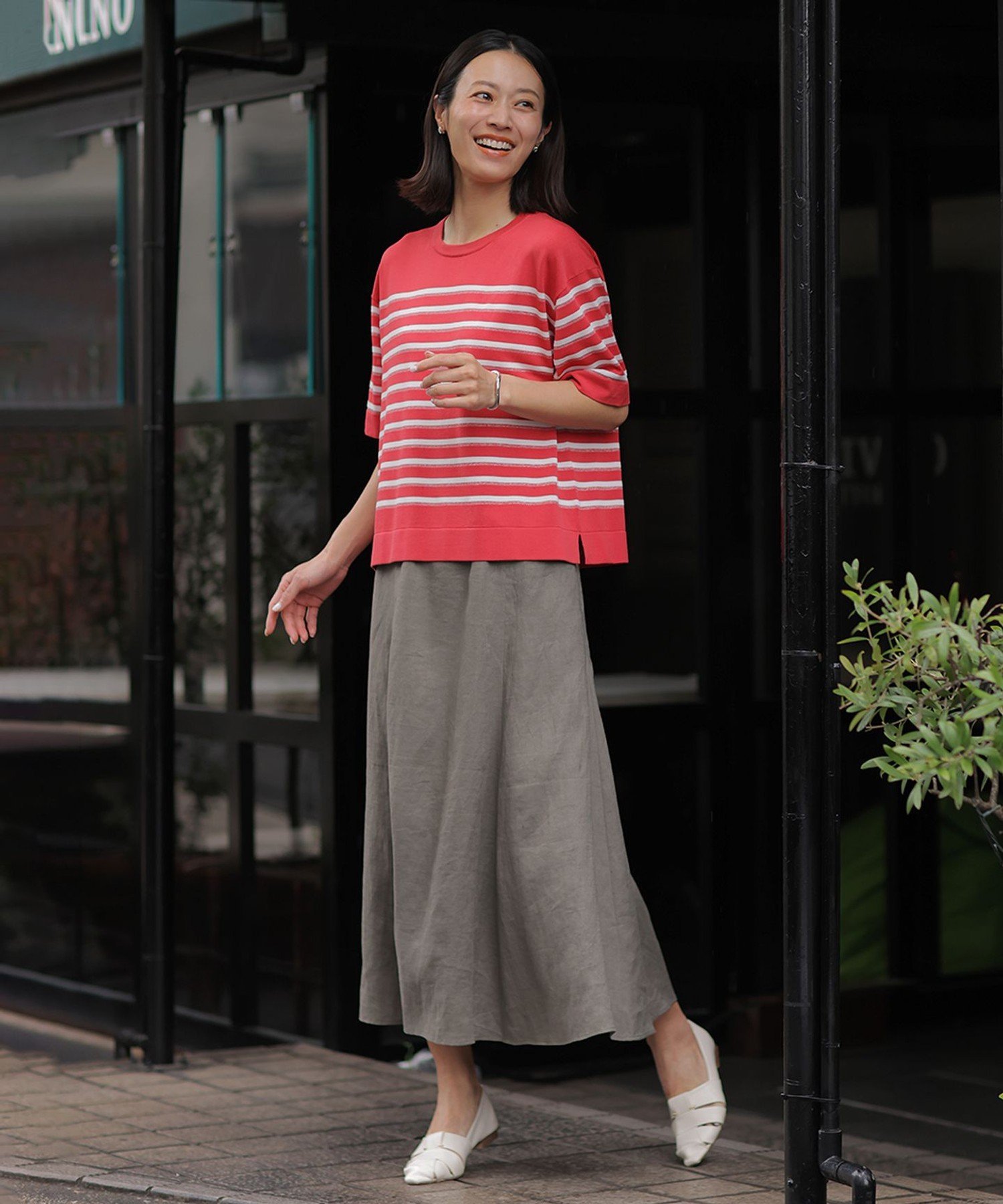 J.PRESS LADIES L 【WEB限定・セット着用可】リネン フレア スカート ジェイプレス スカート ロング・マキシスカート ネイビー ブラウン