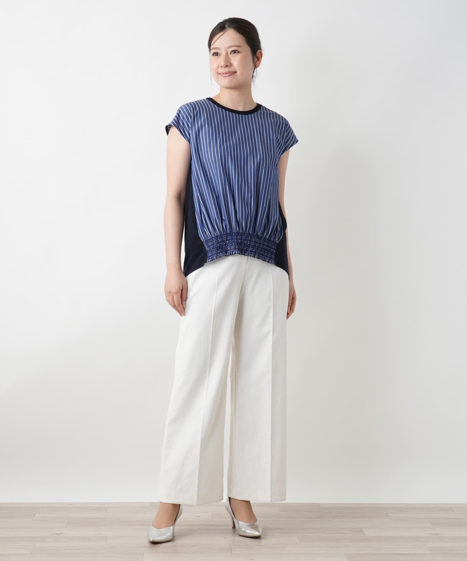 Leilian ストライプ切替カットソー レリアン トップス カットソー・Tシャツ ブルー ネイビー