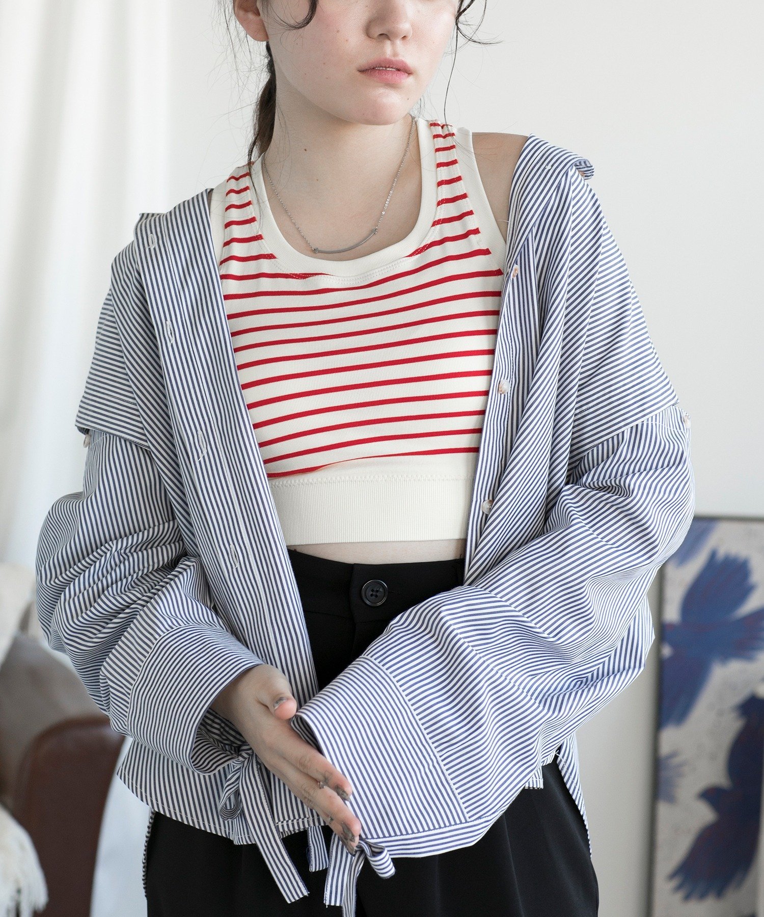 aimoha/ボーダーカップ付きタンクトップ アイモハ トップス ノースリーブ・タンクトップ レッド ブラウン ブラック