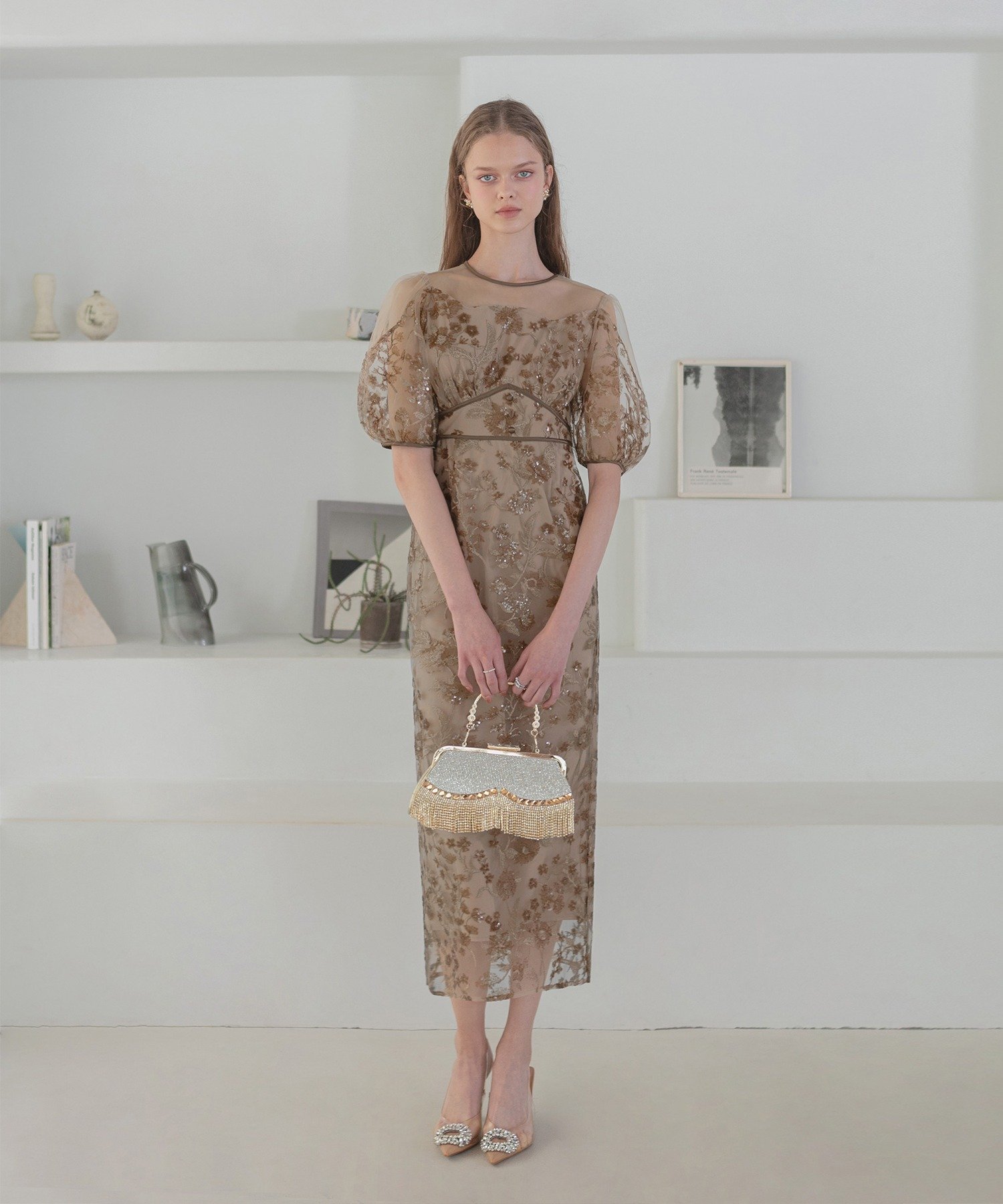 Leja LEJA-フラワーディテールパフスリーブIラインワンピースドレス結婚式 レジャ ワンピース・ドレス ドレス ベージュ グレー【送料無料】