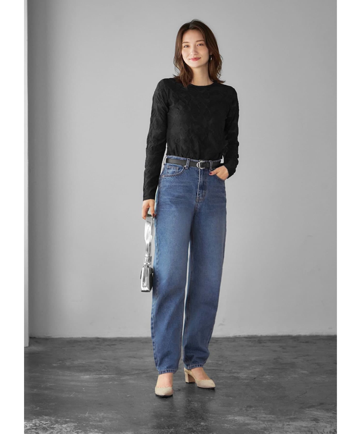 STYLE DELI サークル柄シワ加工シアートップス スタイルデリ トップス カットソー・Tシャツ ホワイト ブラック