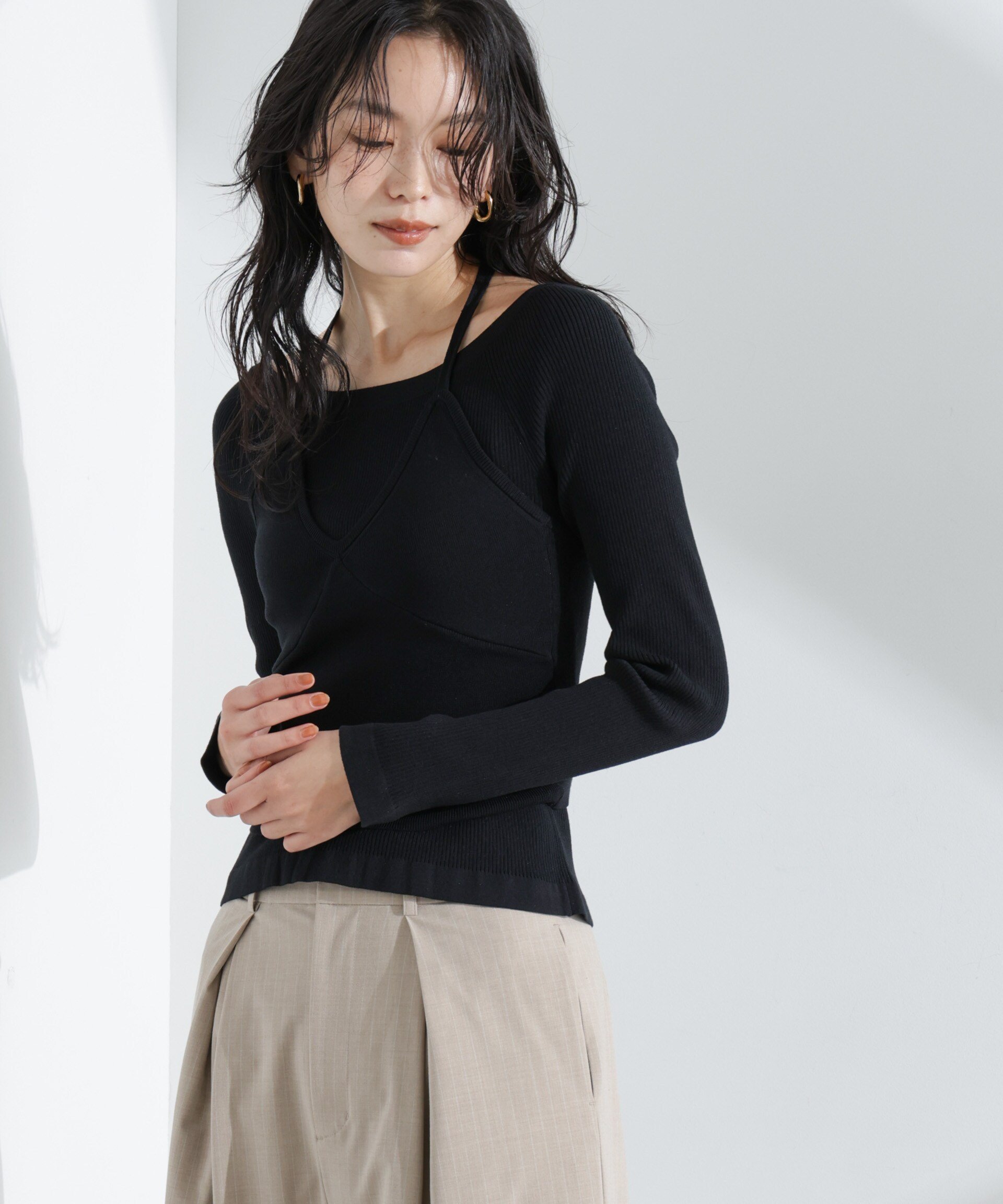 【SALE／40%OFF】NANO universe ホルターネックキャミ付きリブトップス ナノユニバース トップス ニット ブラック ホワイト【送料無料】 stylife-14975803 Rakuten Fashion サンプル画像3
