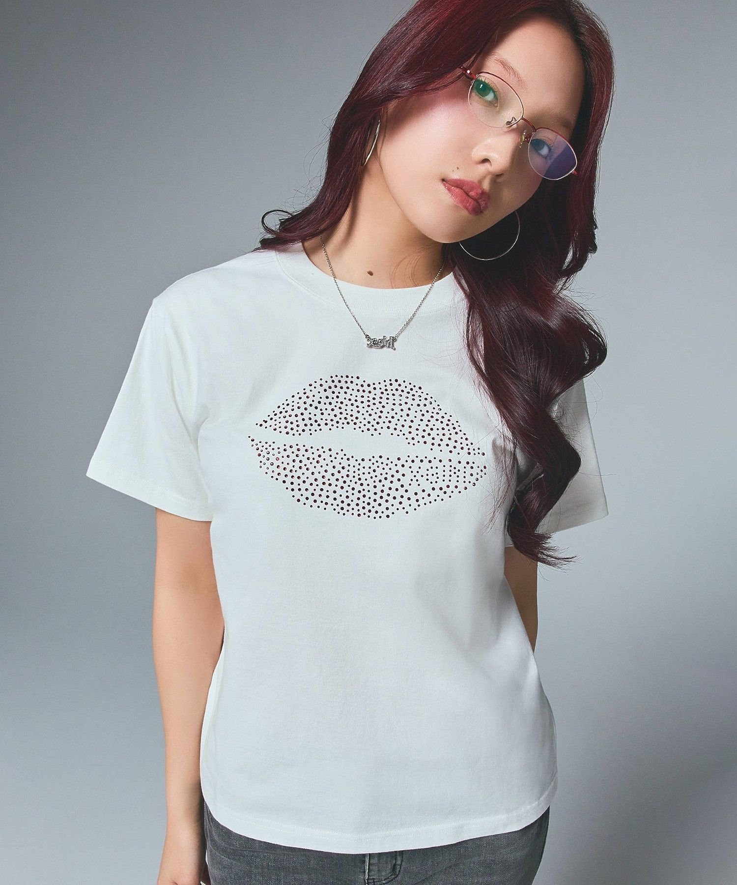 X-girl RHINESTONE LIP S/S TEE エックスガール トップス カットソー・Tシャツ ホワイト ブラック