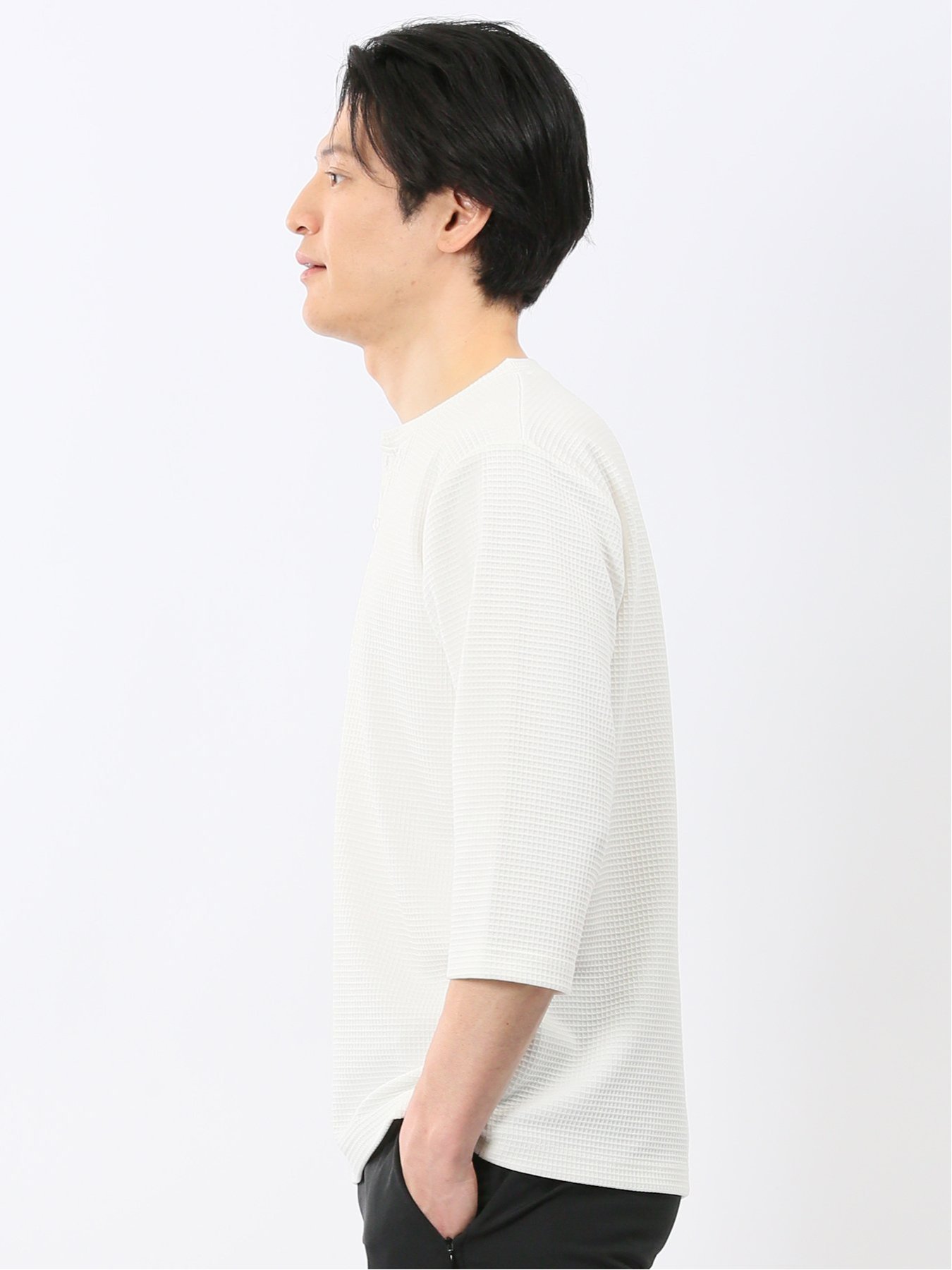 【SALE／10%OFF】m.f.editorial ワッフル ヘンリーネック 7分袖 Tシャツ タカキュー トップス カットソー・Tシャツ グレー ホワイト