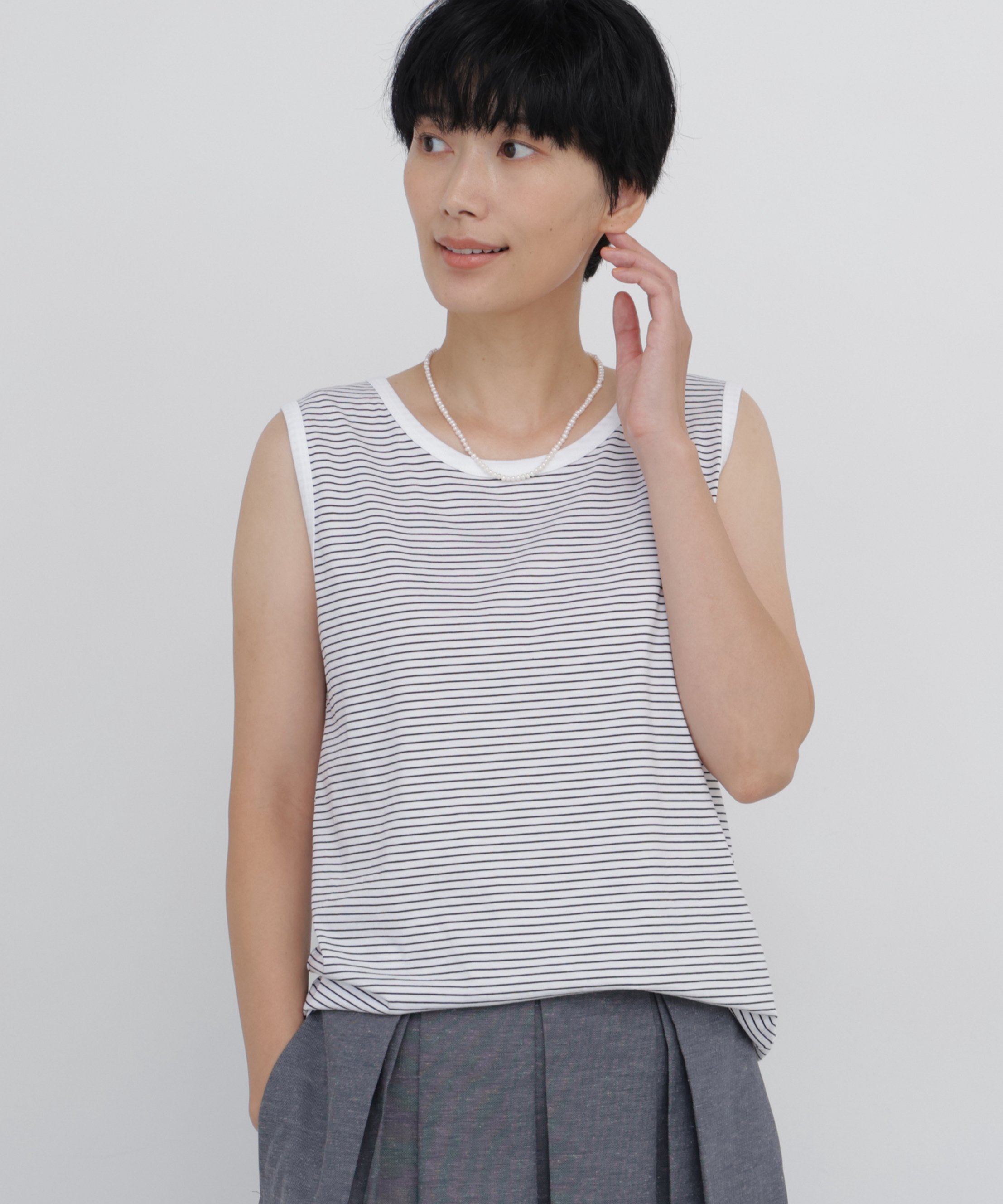 human woman ハイゲージボーダータンク ヒューマン ウーマン トップス カットソー・Tシャツ ネイビー