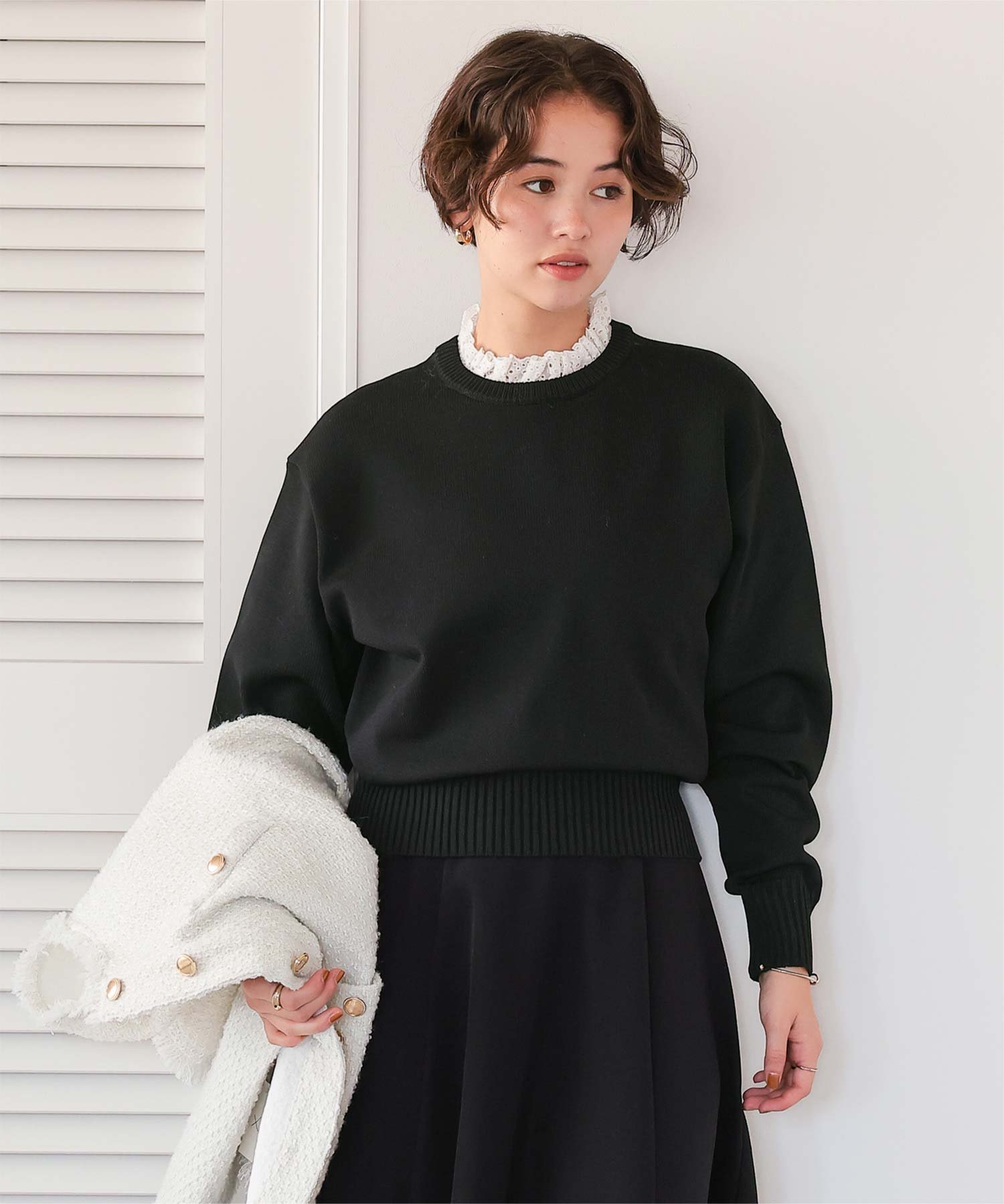titivate 襟付き ニットプルオーバー トップス ニット クルーネック シンプル つけ襟 きれいめ ティティベイト トップス ニット ネイビー ブラック