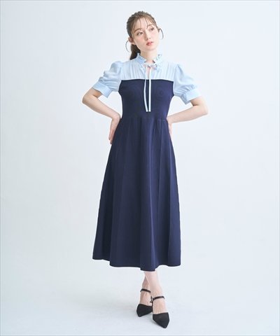 SWINGLE フリル衿ニットドッキングワンピース スウィングル ワンピース・ドレス その他のワンピース・ドレス ブラック ネイビー【送料無料】