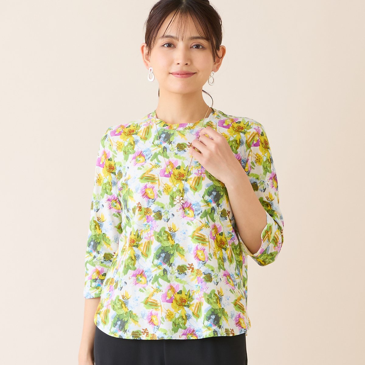 LOBJIE 【洗える・日本製・綿100%】エレガンスフラワーコットンTシャツ ロブジェ トップス カットソー・Tシャツ ネイビー ホワイト