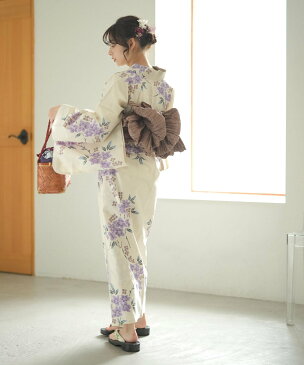 utatane 注染浴衣3点セット 綿麻 先染めベージュにラベンダーの小花 ウタタネ ビジネス/フォーマル 着物/浴衣 ベージュ【送料無料】