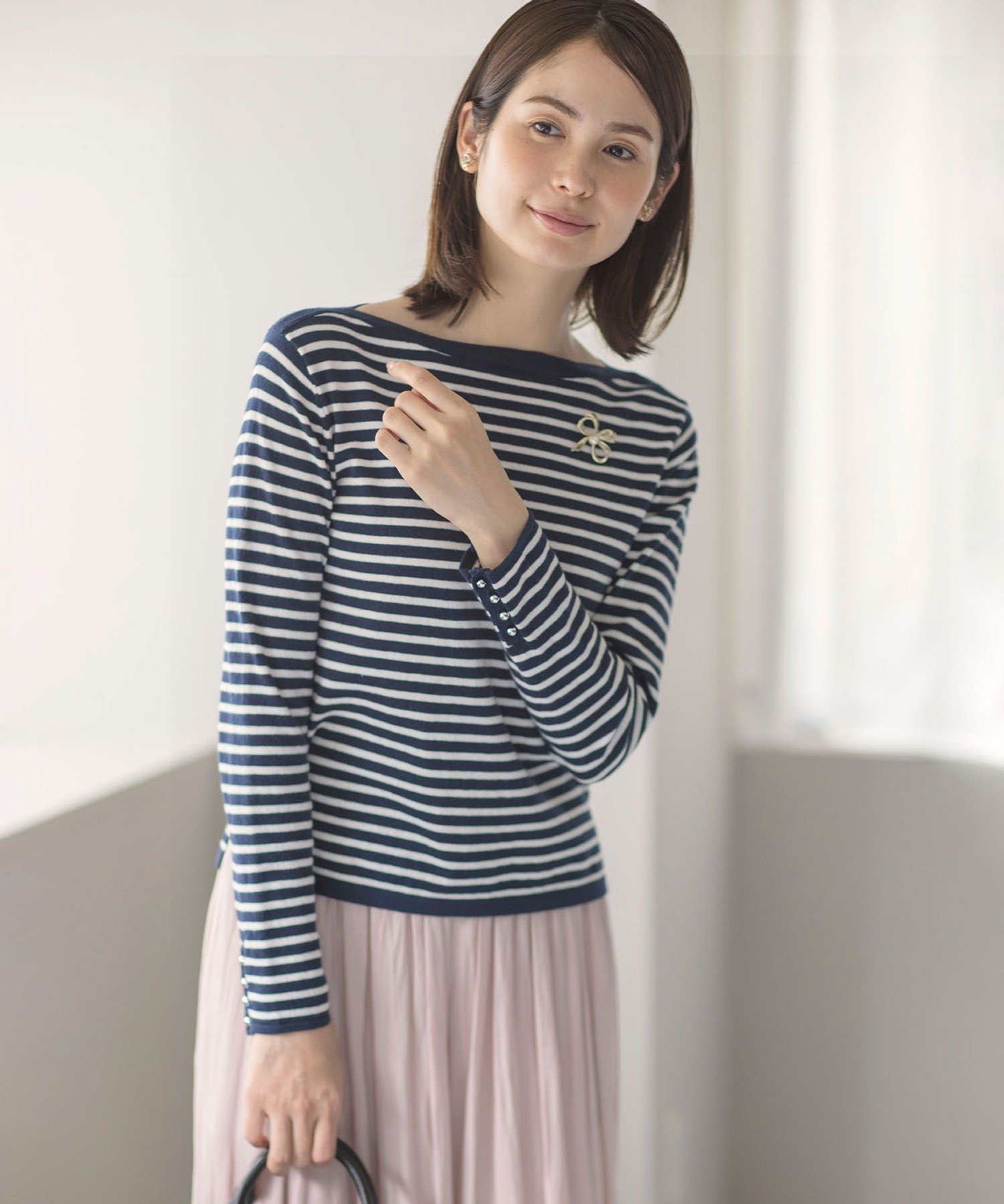 組曲 シルク混ニットロングTシャツ クミキョク トップス ニット ネイビー ホワイト
