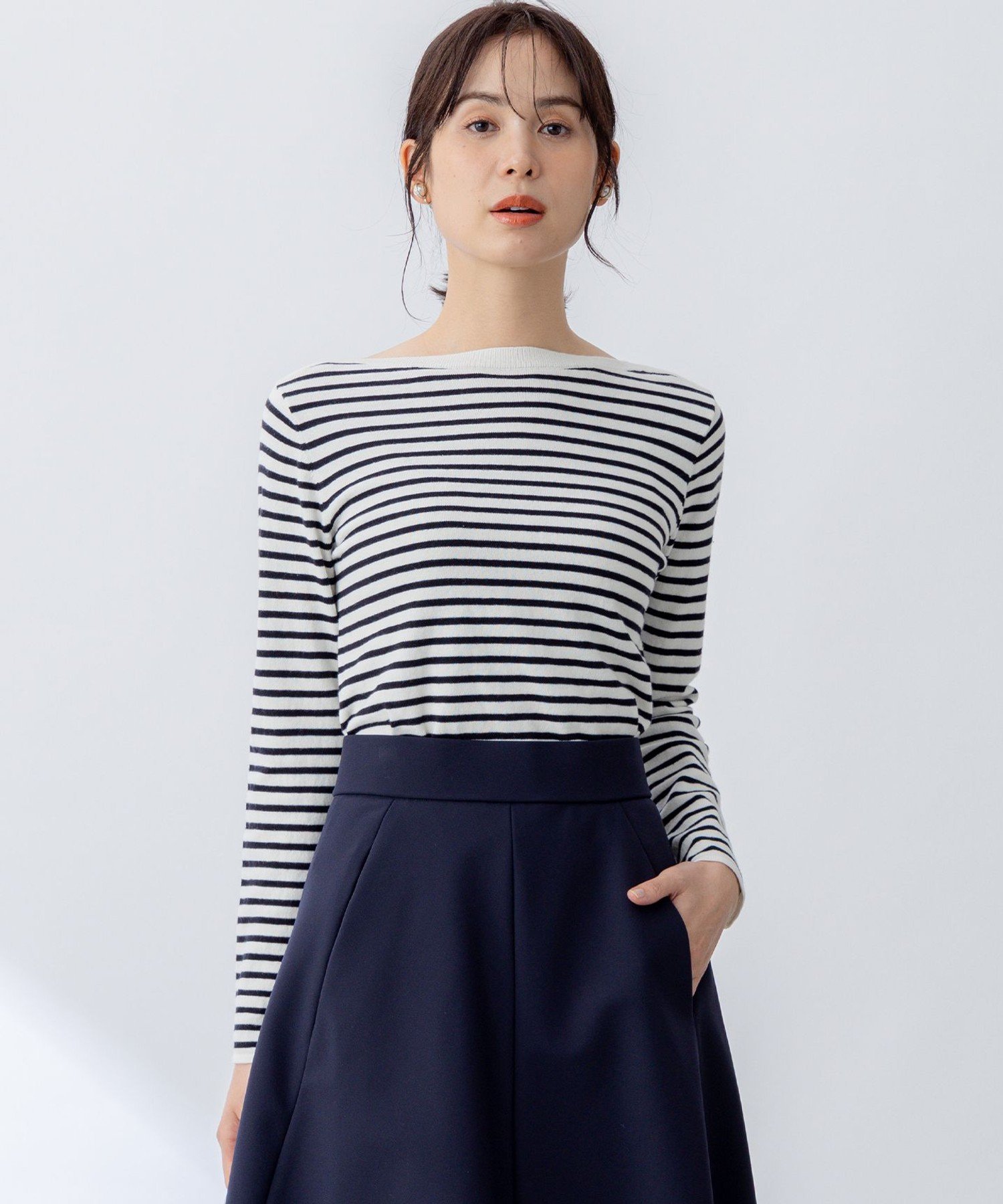 組曲 シルク混ニットロングTシャツ クミキョク トップス ニット ネイビー ホワイト