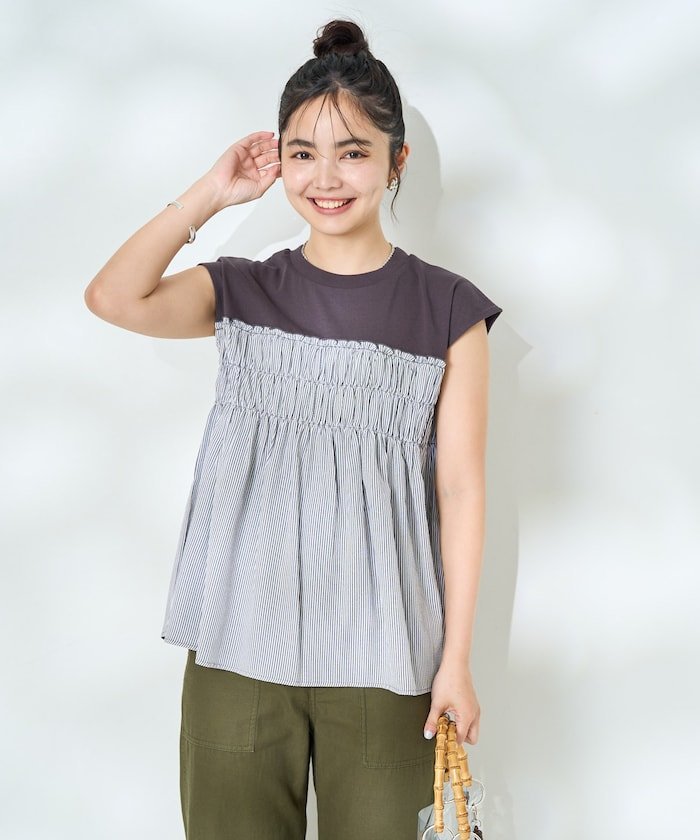 【SALE／50%OFF】FREAK'S STORE ストライプ切替 フレンチスリーブTシャツ 25SS フリークスストア トップス カットソー・Tシャツ ピンク ブルー ブラックのサムネイル