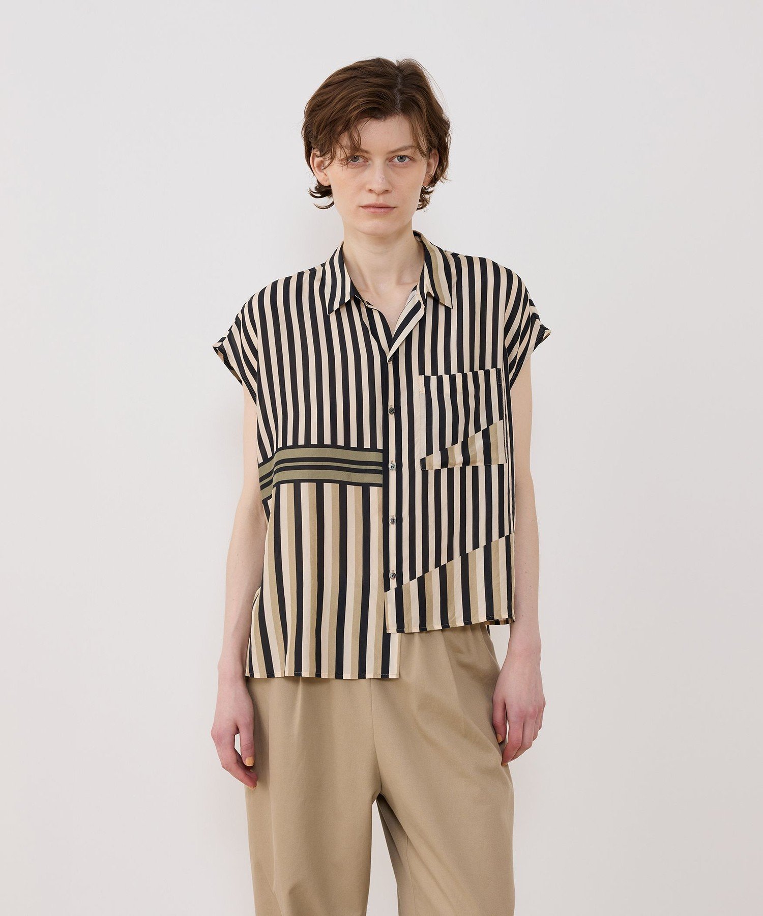 GALERIE VIE シルクハブタエストライププリント アシンメトリーヘムシャツ トゥモローランド トップス シャツ・ブラウス ブラウン【送料無料】