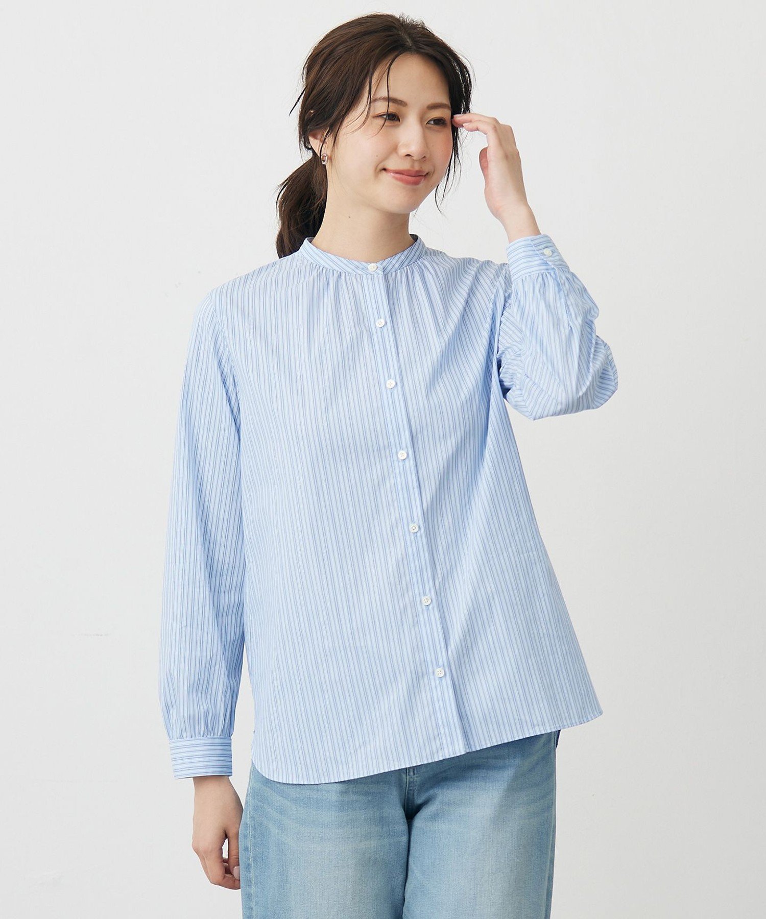 J.PRESS LADIES L BEZ ドビーストライプ バンドカラー ブラウス ジェイプレス トップス シャツ・ブラウス ホワイト ブルー