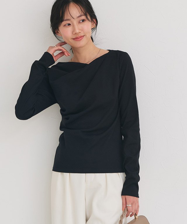 Pierrot ドレープデザインテレコリブカットソー ピエロ トップス カットソー・Tシャツ グレー ブラック ホワイト