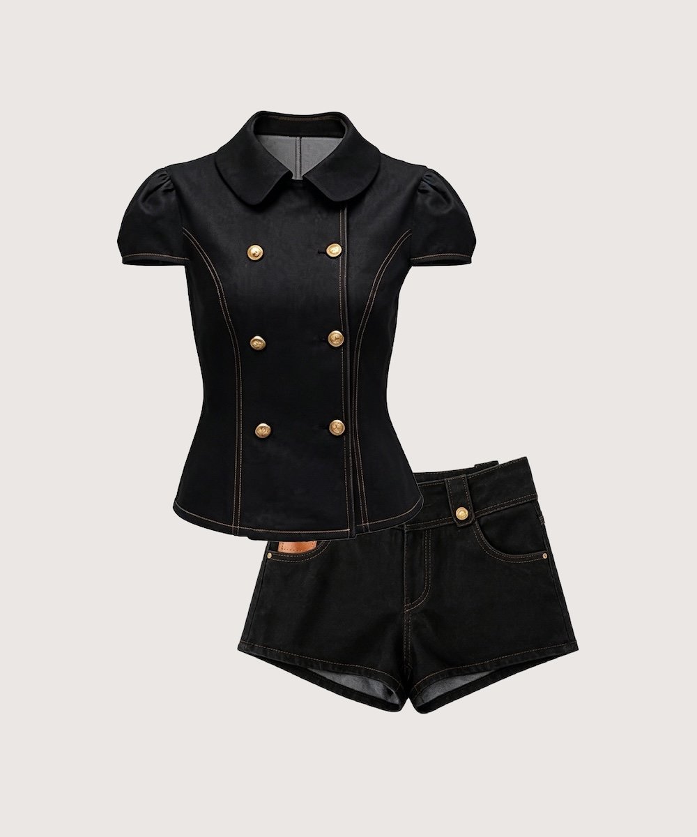 LA POMME petit Double Breasted Denim Set Up/ダブルブレストデニムセットアップ ラポミ・プチ オールインワン・オーバーオール その他のオールインワン・オーバーオール ブラック【送料無料】