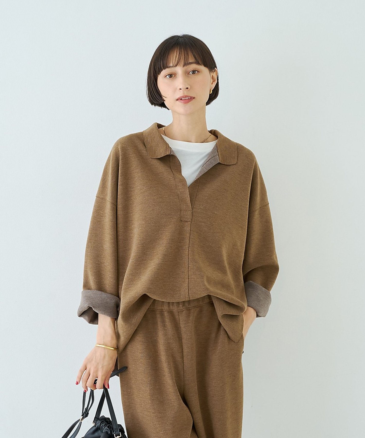 Rouge vif la cle 【セットアップ対応】メランジダンボールプルオーバー / Vネックブラウス【予約】 ルージュ・ヴィフ ラクレ トップス シャツ・ブラウス ブラウン グレー