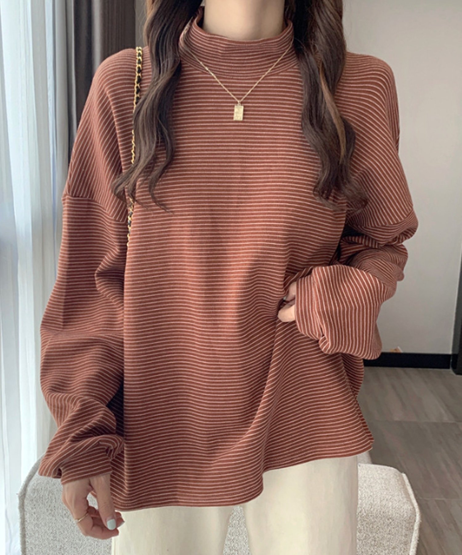 【Amulet】ハイネックボーダーカットソー アミュレット トップス カットソー・Tシャツ ホワイト ブラウン ブラック