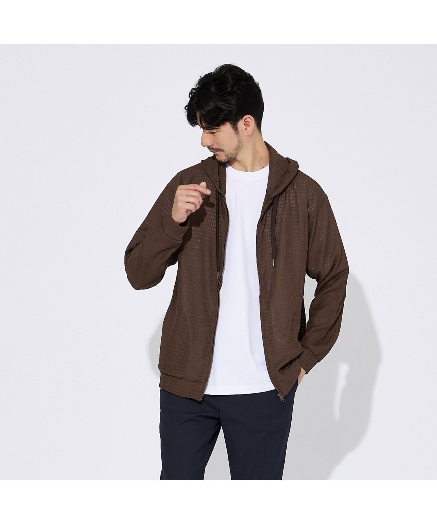 【SALE／20%OFF】ABAHOUSE LASTWORD 【ブロック柄】ストレッチ シアーパーカー アバハウス トップス パーカー・フーディー ブラウン ブラック【送料無料】