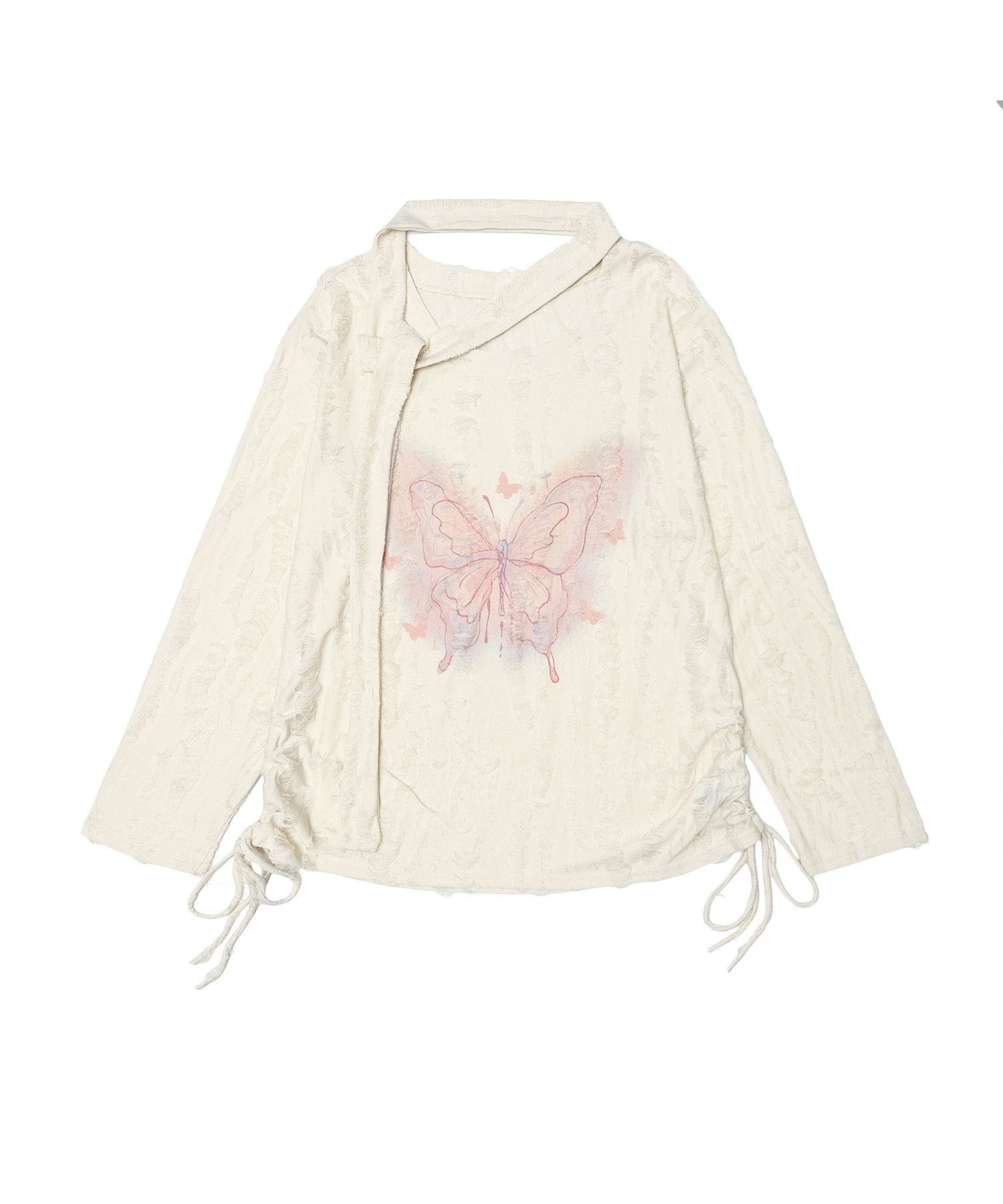 【SALE／20%OFF】HOOK 【HOOK】for girls リボンタイ付きサイドシャーリングダメージ透かしニットソー アイモハ トップス カットソー・Tシャツ グレー ベージュ