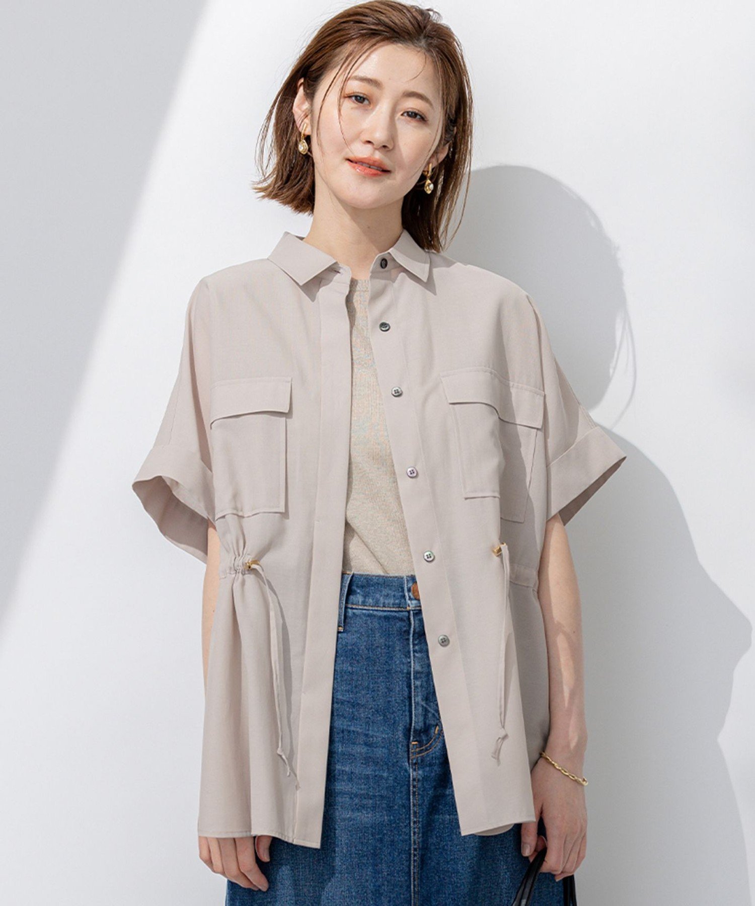23区 L 【洗える】ライトシアーマットクロス ミリタリーディティール シャツ ニジュウサンク トップス シャツ・ブラウス カーキグリーン ブラック ベージュ