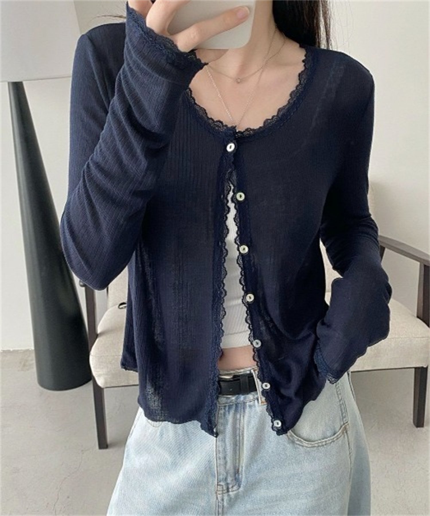 【SALE／20%OFF】LADY LIKE レーストリミング丸首シアーカーディガン ディアベル トップス カーディガン ネイビー グレー ホワイト