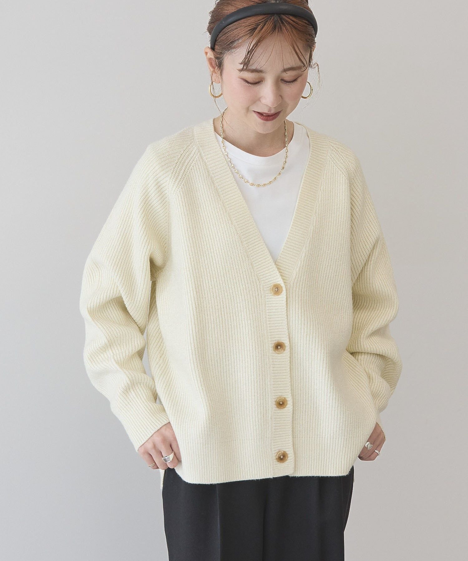 【SALE／20%OFF】AMERICAN HOLIC バイパチラメ入りVネック片畦ニットカーディガン アメリカン ホリック トップス カーディガン グレー ブラック ブラウン ホワイトのサムネイル