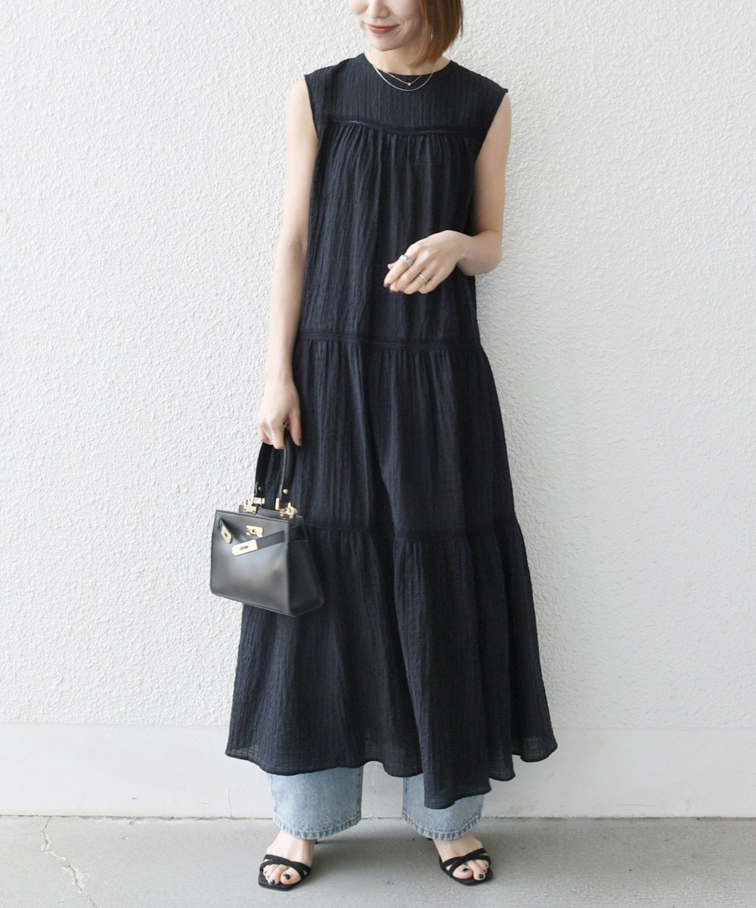 【SALE／45%OFF】SHIPS any SHIPS any:＜洗濯機可能＞楊柳 ティアード フレア ワンピース シップス ワンピース・ドレス ワンピース ブラック【送料無料】のサムネイル