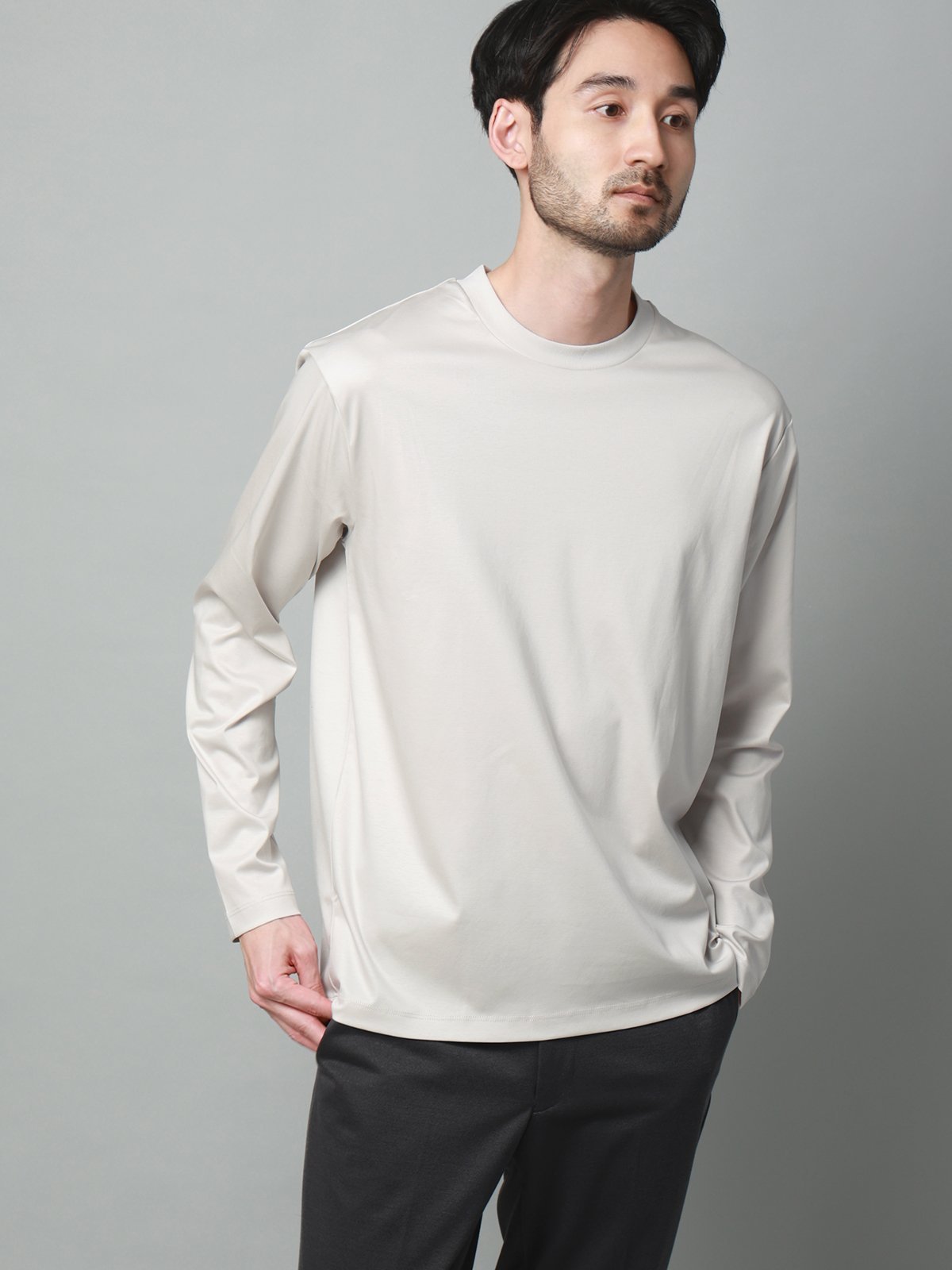 SUIT SQUARE クルーネックTシャツ 長袖 ウォッシャブル 形態安定 シルケットスムースコットン スーツ スクエア トップス カットソー・Tシャツ