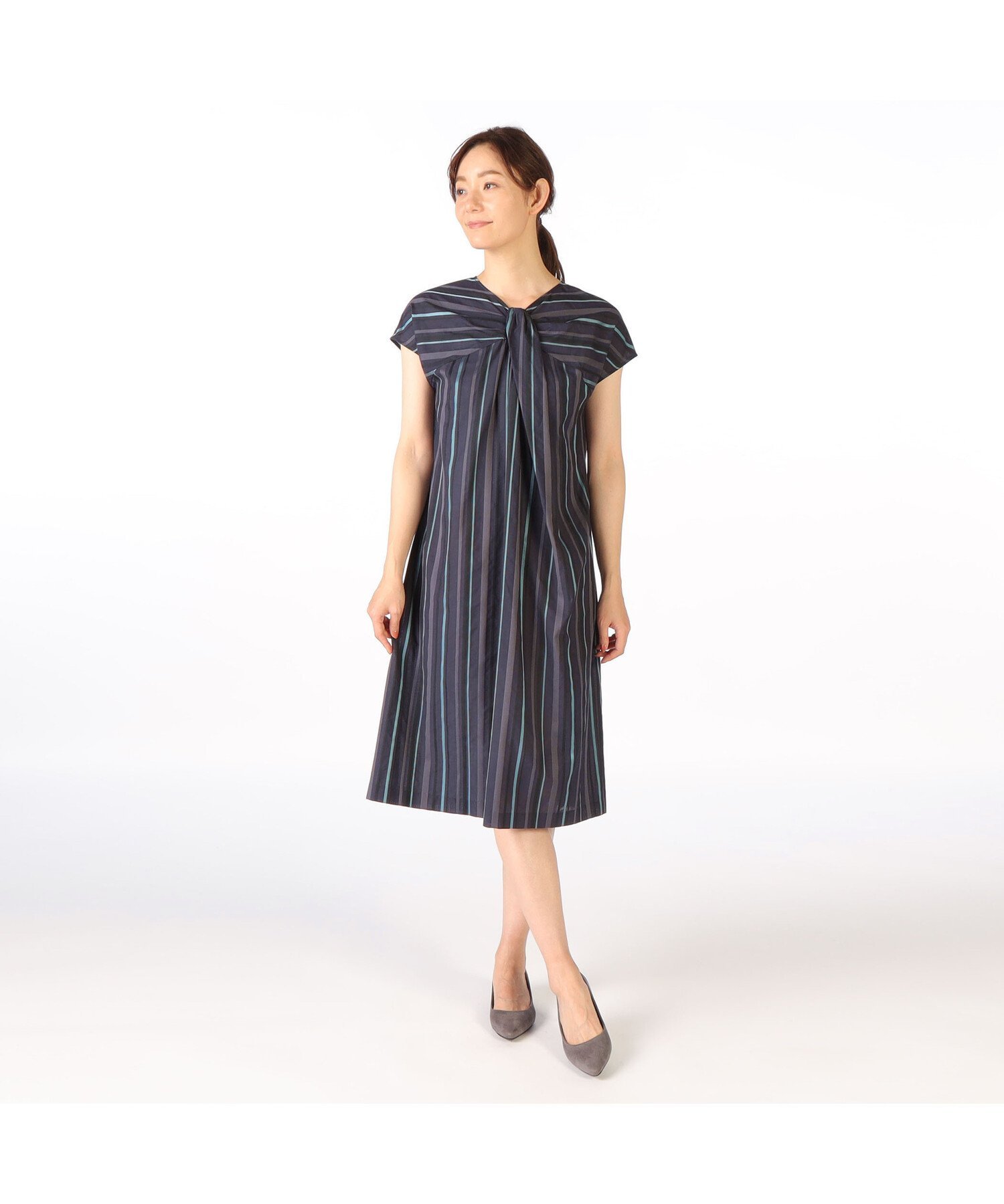 【SALE／69%OFF】SCAPA シアーボーダーワンピース スキャパ ワンピース・ドレス ドレス ブラウン ネイビー【送料無料】