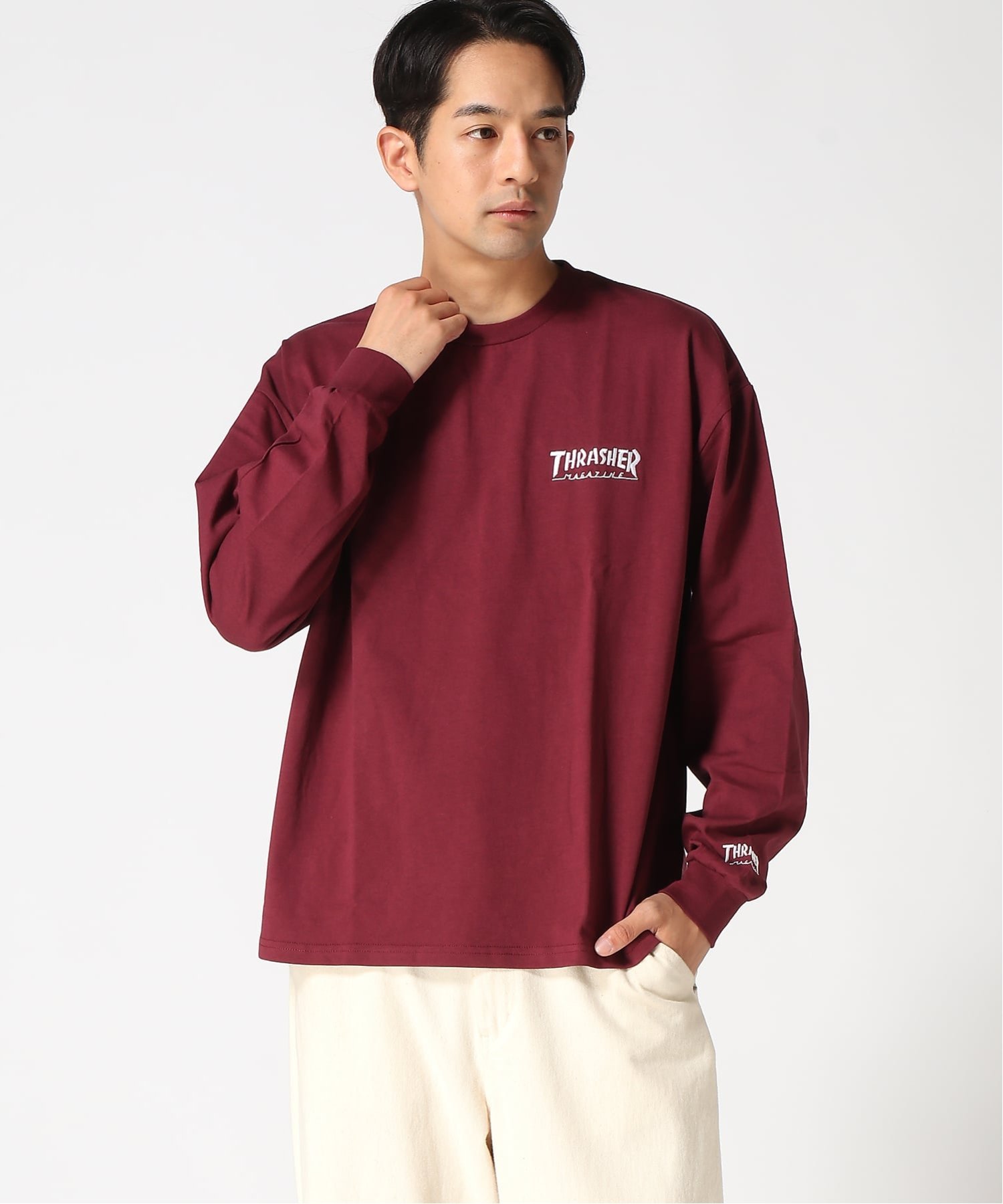 THRASHER THRASHER/(M)ロゴ刺繍 LS TEE 長袖Tシャツ スラッシャー バイ リフルページ トップス カットソー・Tシャツ ホワイト ブラック パープル