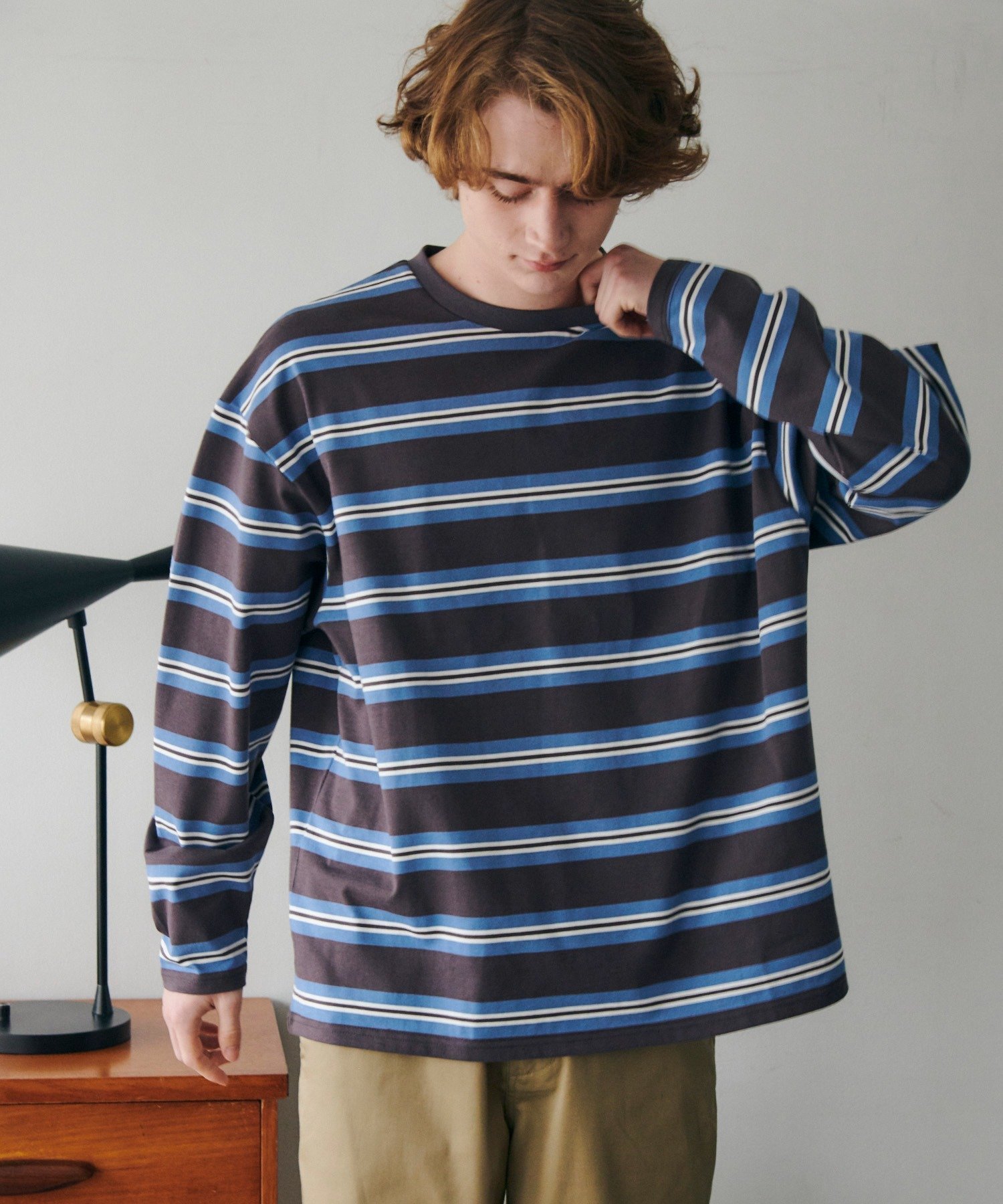 MAISON CLUB MAISON CLUB/Over Multi Border Tee マルチボーダー ロンT セットアップセブン トップス カットソー・Tシャツ ネイビー ブラウン