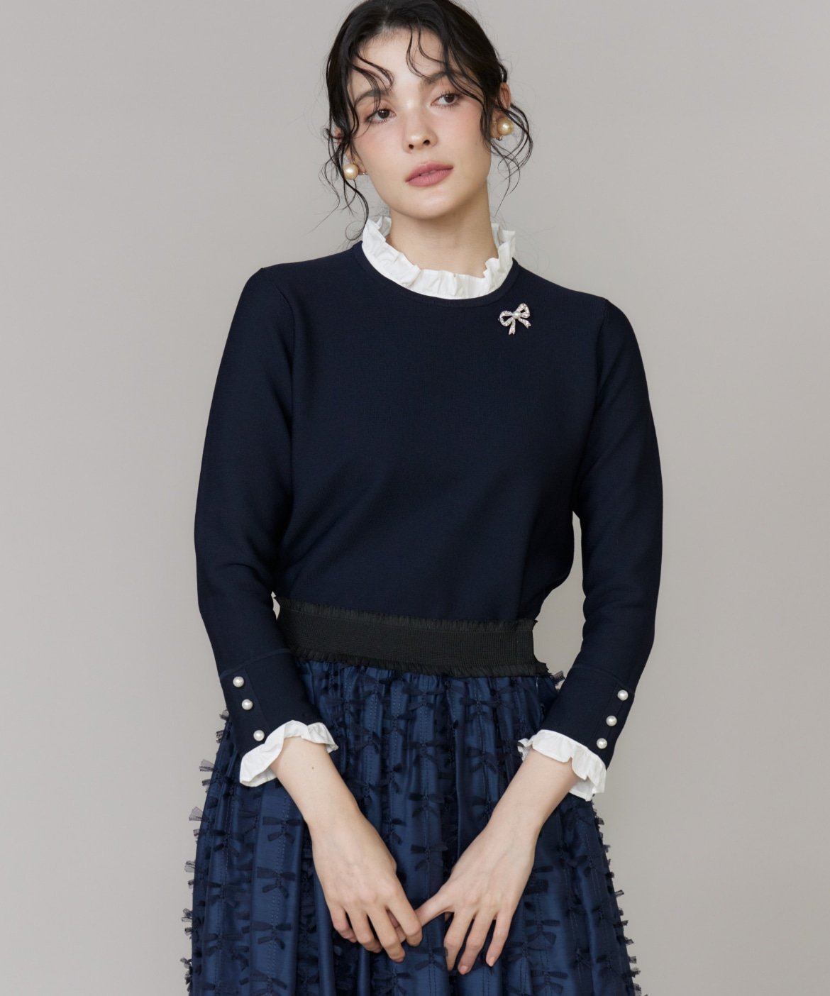 【SALE／50%OFF】Maglie par ef-de 《大きいサイズ》フリルドッキングニットプルオーバー マーリエ ル カセット トップス ニット ベージュ ネイビー【送料無料】