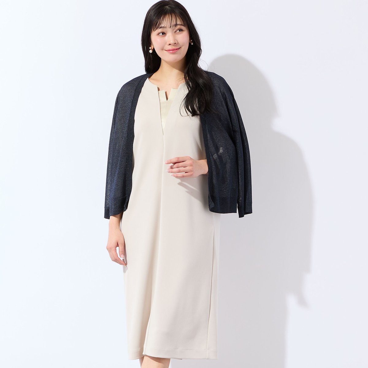 missel 【洗える・着映え・3Lサイズあり】キーネックコクーンワンピース ミゼール ワンピース・ドレス ワンピース ベージュ ネイビー