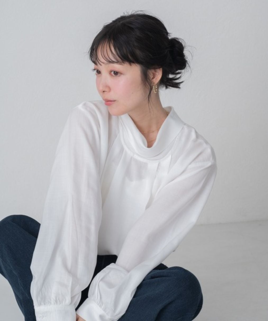 【SALE／10 OFF】MISCH MASCH スタンドネックとろみブラウス ミッシュマッシュ トップス シャツ ブラウス ホワイト ブルー【送料無料】