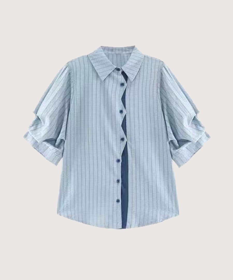 LA POMME petit Wave Design Stripe Shirt/ウェーブデザインストライプシャツ ラポミ・プチ トップス シャツ・ブラウス ブルー