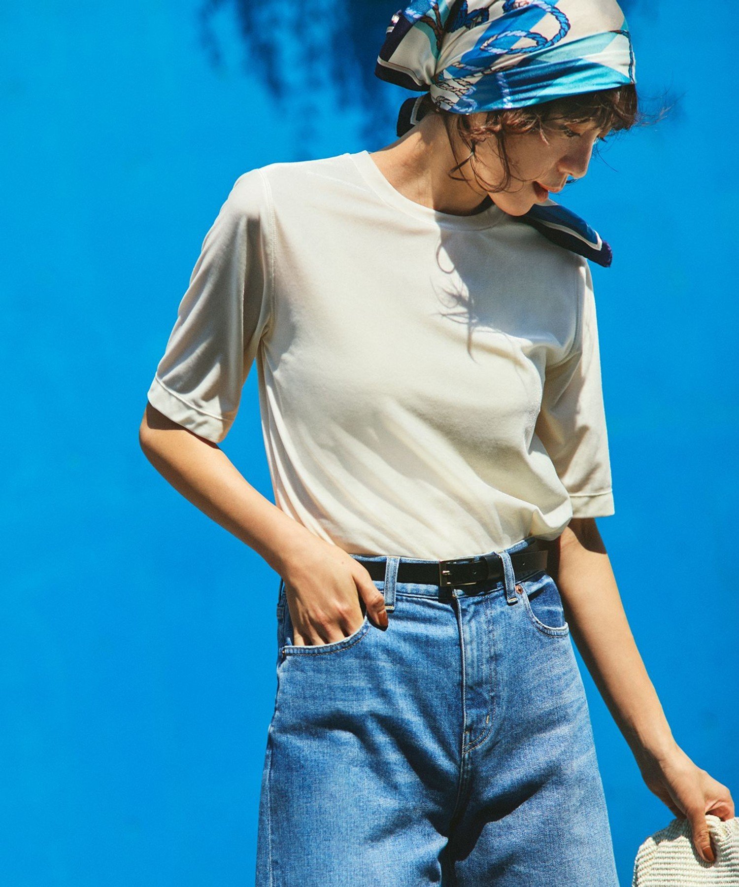 UNFILO L ストレッチ ベロアTシャツ アンフィーロ トップス カットソー・Tシャツ ブルー ベージュ