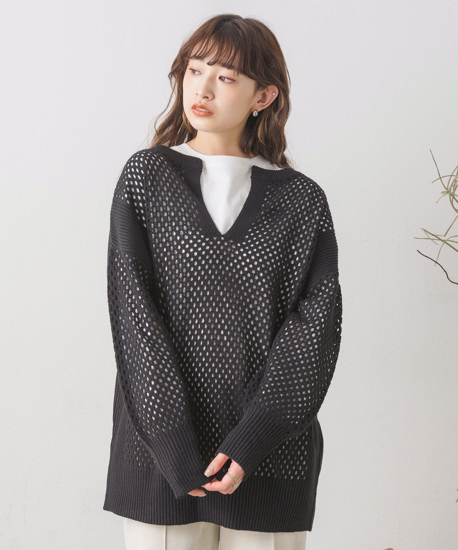 【SALE／66%OFF】RETRO GIRL メッシュスキッパーニットPO レトロガール トップス ニット ブラック ホワイト グレー