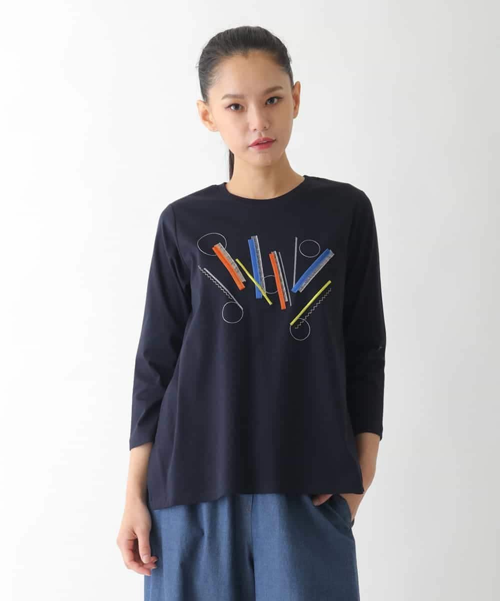 HIROKO BIS クラフト刺繍デザインカットソー /洗える ヒロコ ビス トップス カットソー・Tシャツ ネイビー ホワイト