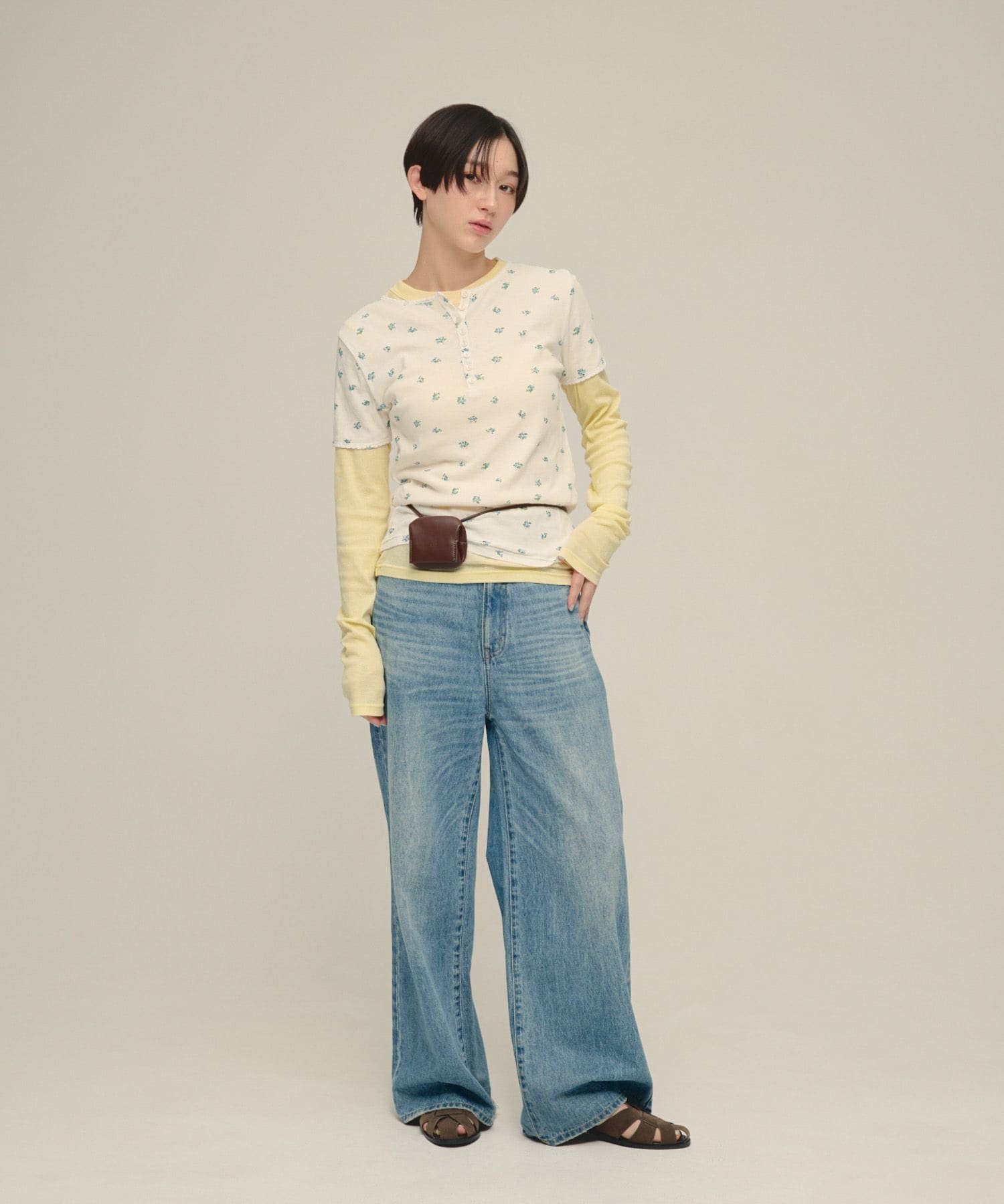 eL Flower Henley Neck Pullover SS ジーナシス トップス カットソー・Tシャツ ホワイト ネイビー