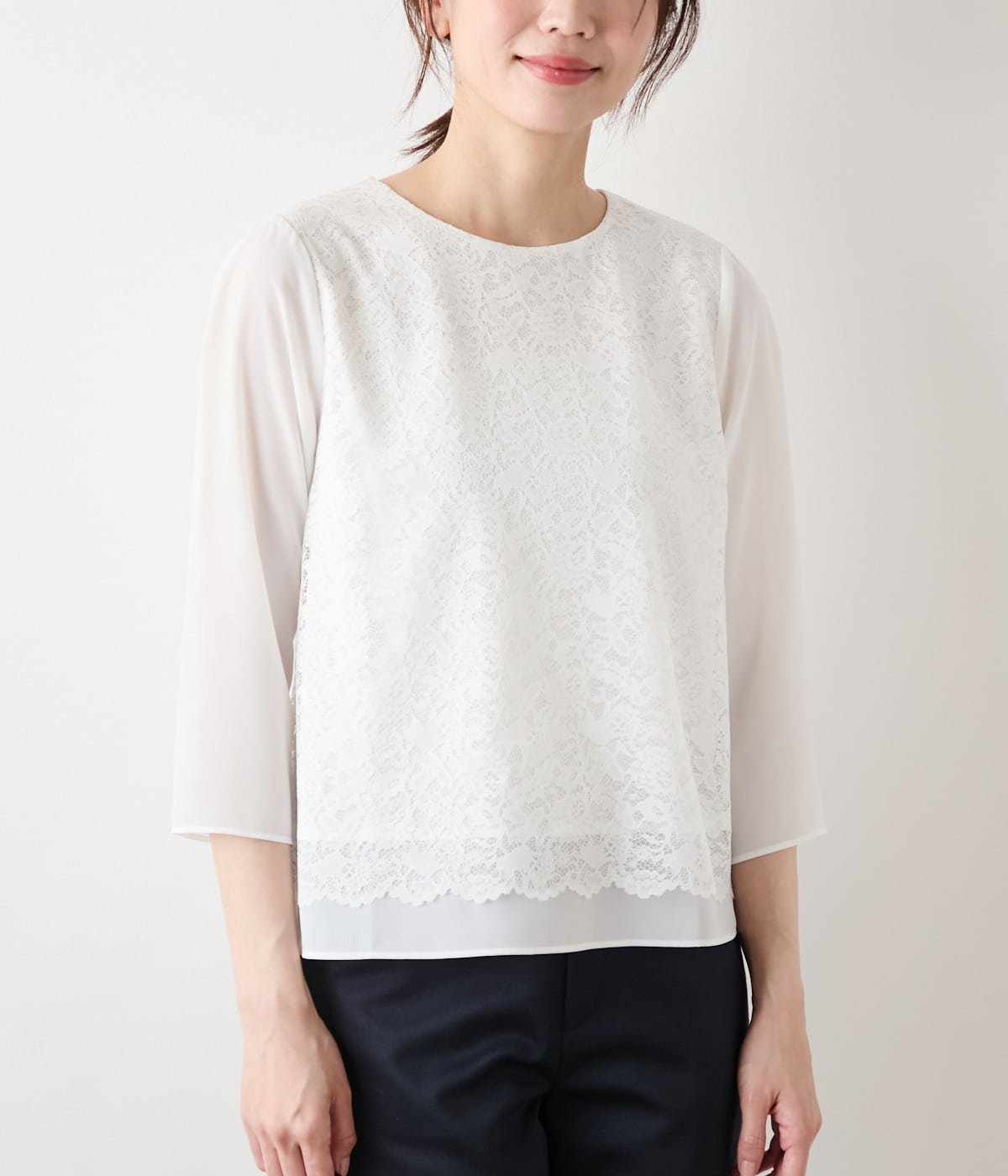 NEWYORKER WOMEN L-SIZE 【L】TR天竺フラワーレース 7分袖プルオーバー ニューヨーカー エルサイズ トップス カットソー・Tシャツ ホワイト ネイビー