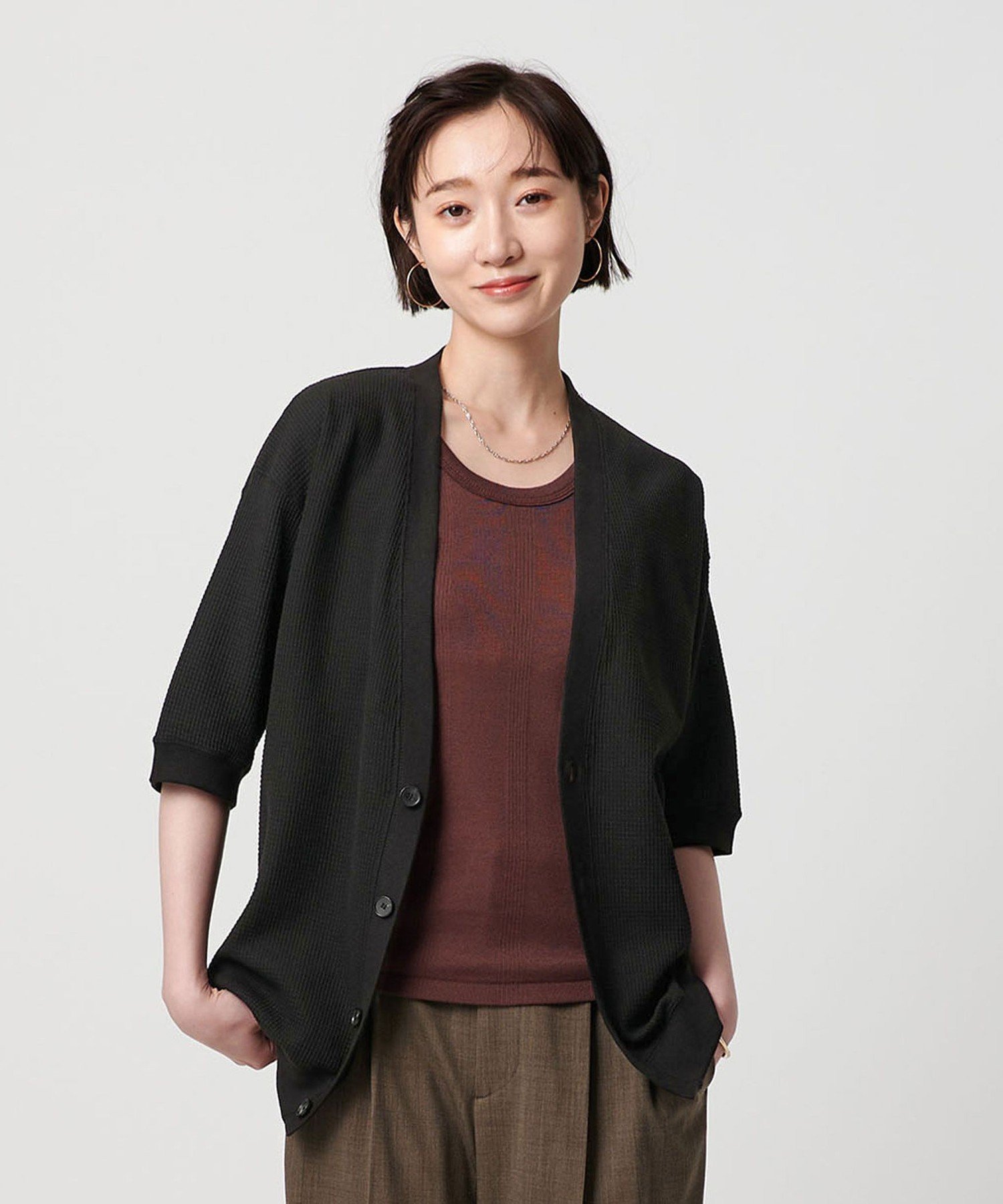 【SALE／50%OFF】BEAUTY&YOUTH UNITED ARROWS グリッド エアーワッフル ハーフスリーブ Vカーディガン ユナイテッドアローズ アウトレット トップス カーディガン ホワイト ブラック ブルー